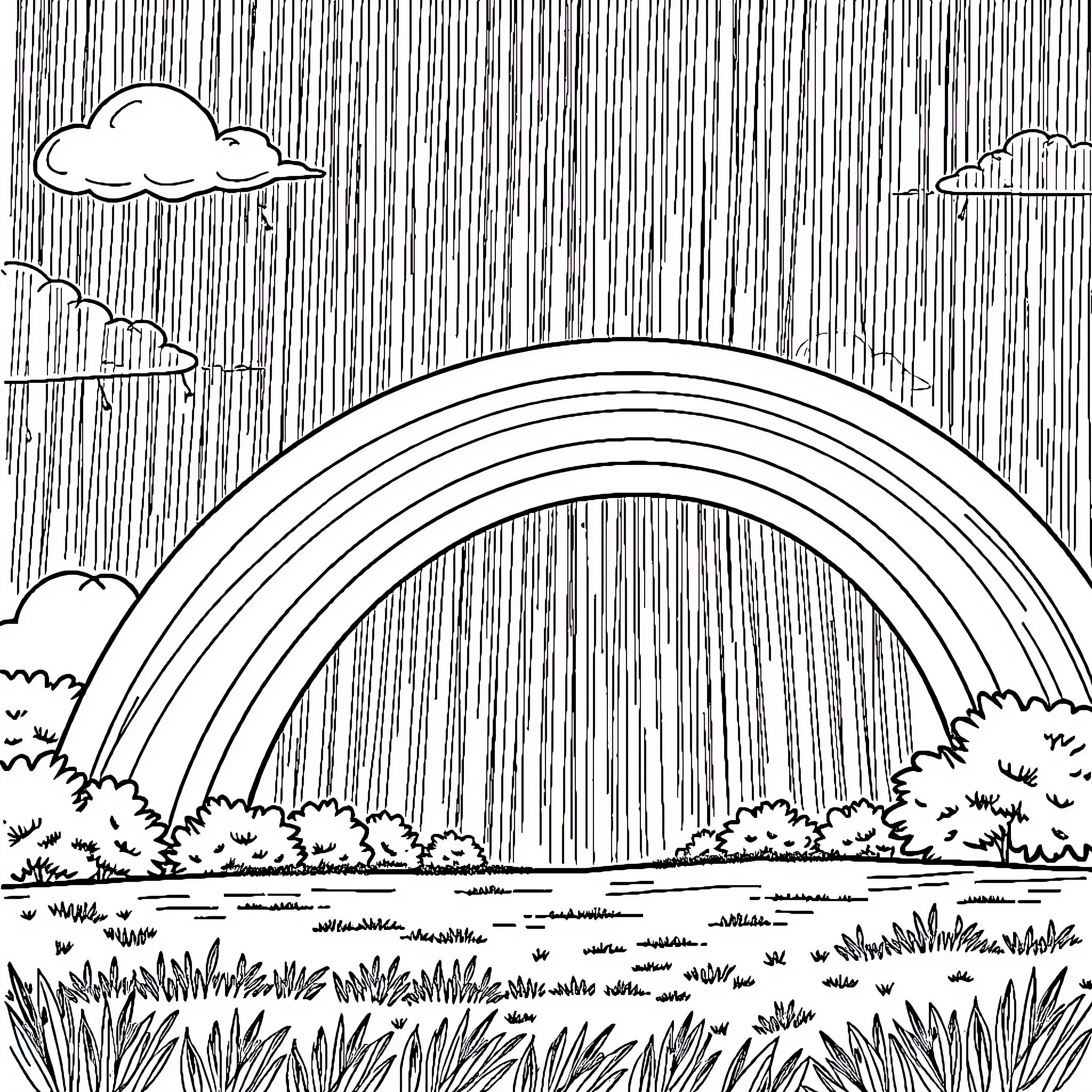 Rainbow Arch Shining Through Rainy Landscape Coloring Page (free black-and-white line drawing printable PDF for all, from beginners to advanced learners, including children, teens, adults, and seniors)