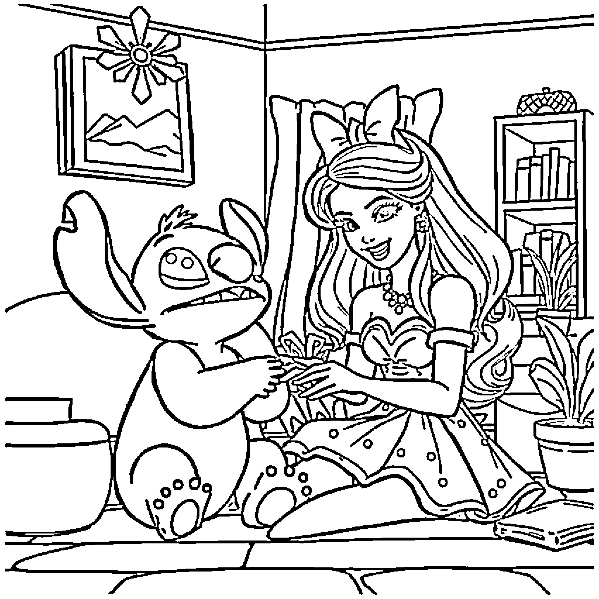 Barbie and Stitch Enjoying Quality Time Together Coloring Page (free black-and-white line drawing printable PDF for all, from beginners to advanced learners, including children, teens, adults, and seniors)