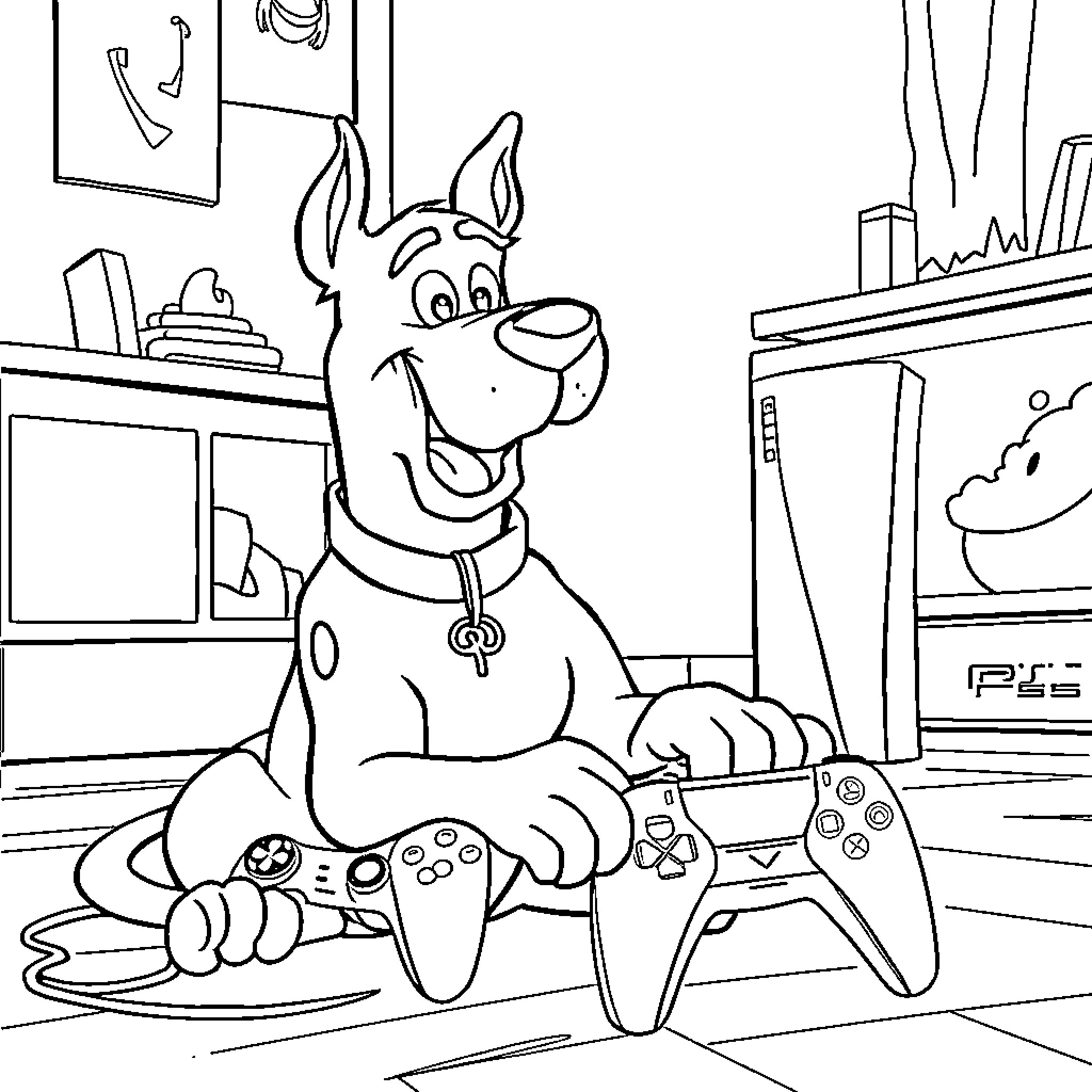 Scooby Doo playing with video game controller Coloring Page (free black-and-white line drawing printable PDF for all, from beginners to advanced learners, including children, teens, adults, and seniors)