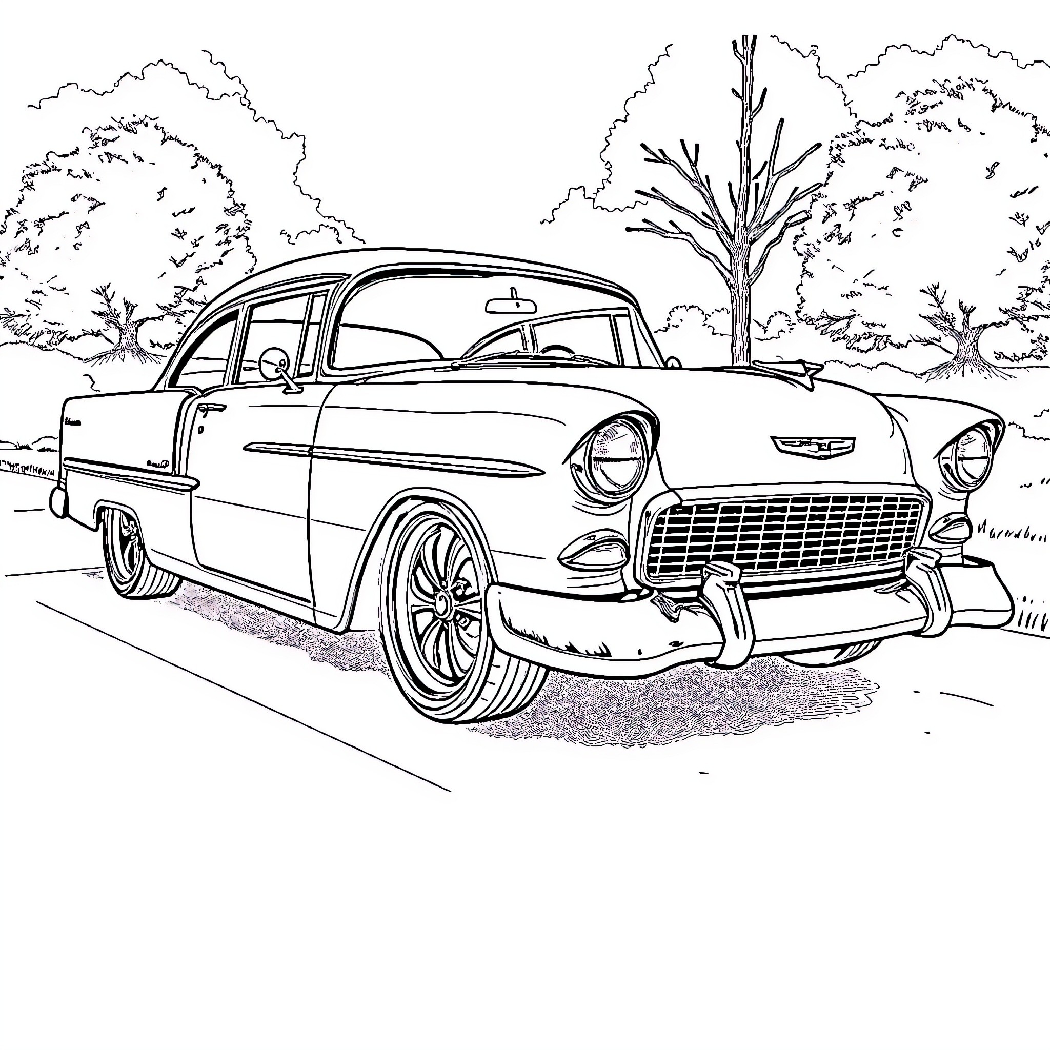 Box Chevy driving through scenic countryside Coloring Page (free black-and-white line drawing printable PDF for all, from beginners to advanced learners, including children, teens, adults, and seniors)