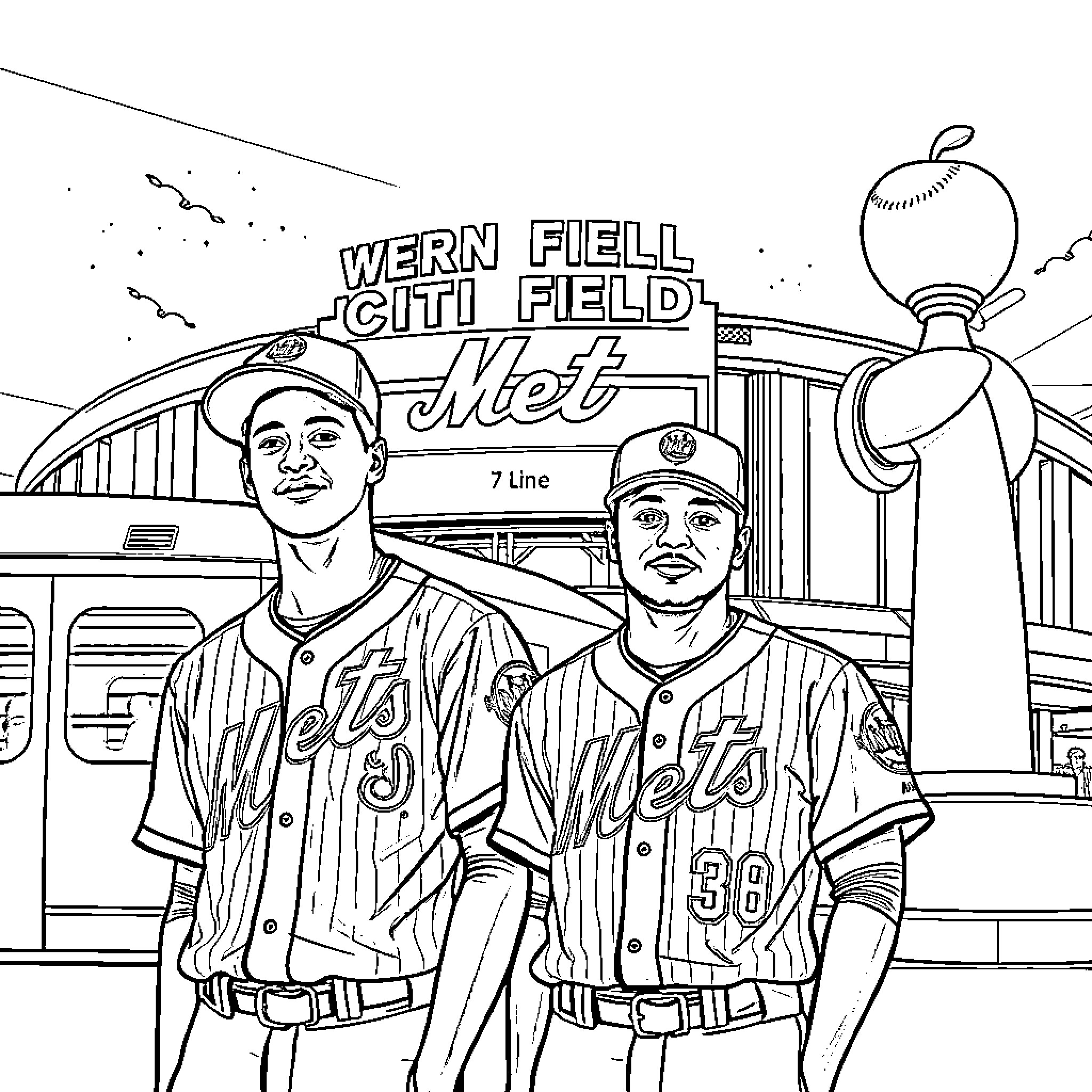 Baseball players at Wern Field City Field stadium Coloring Page (free black-and-white line drawing printable PDF for all, from beginners to advanced learners, including children, teens, adults, and seniors)