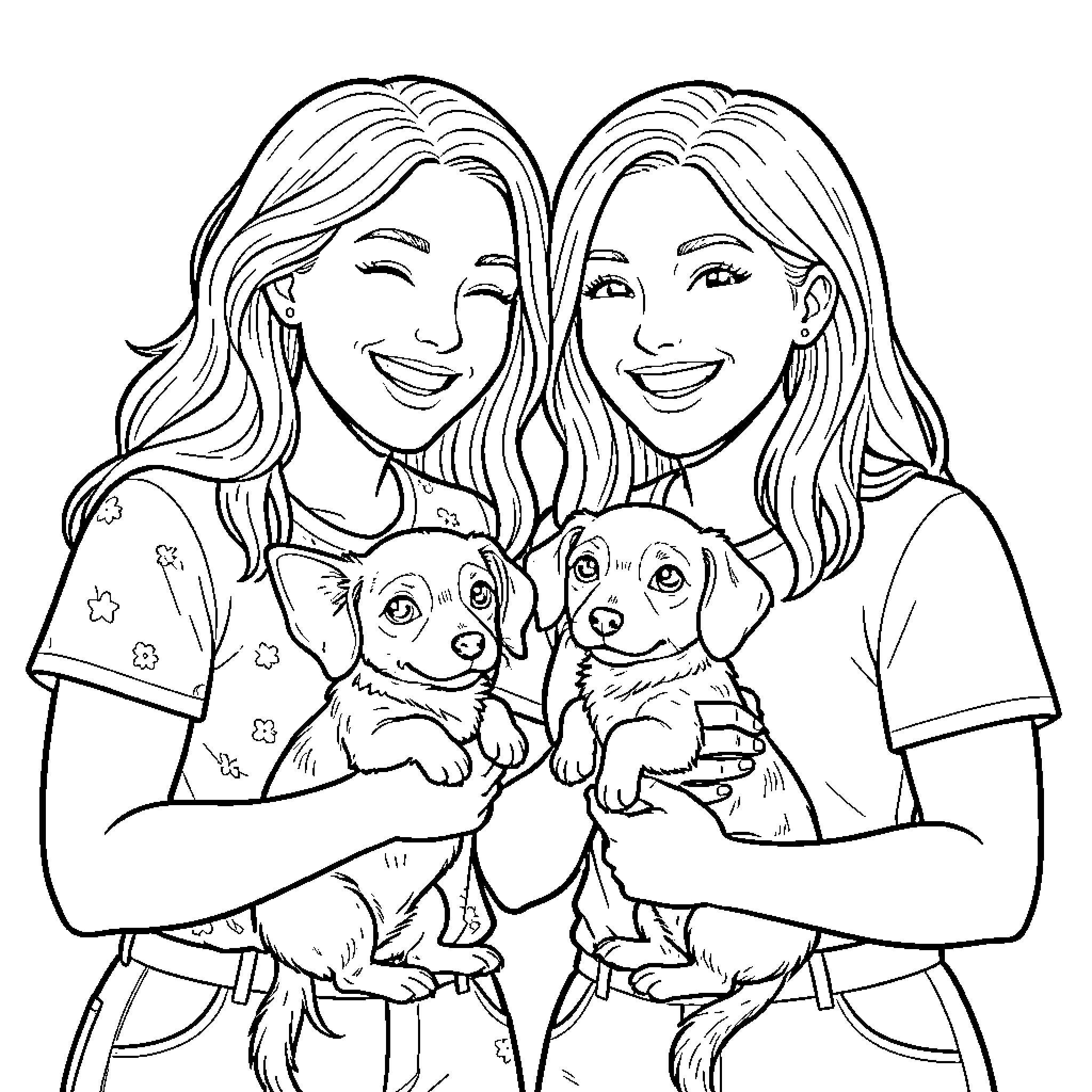 Couple of girls smiling while holding small puppies Coloring Page (free black-and-white line drawing printable PDF for all, from beginners to advanced learners, including children, teens, adults, and seniors)