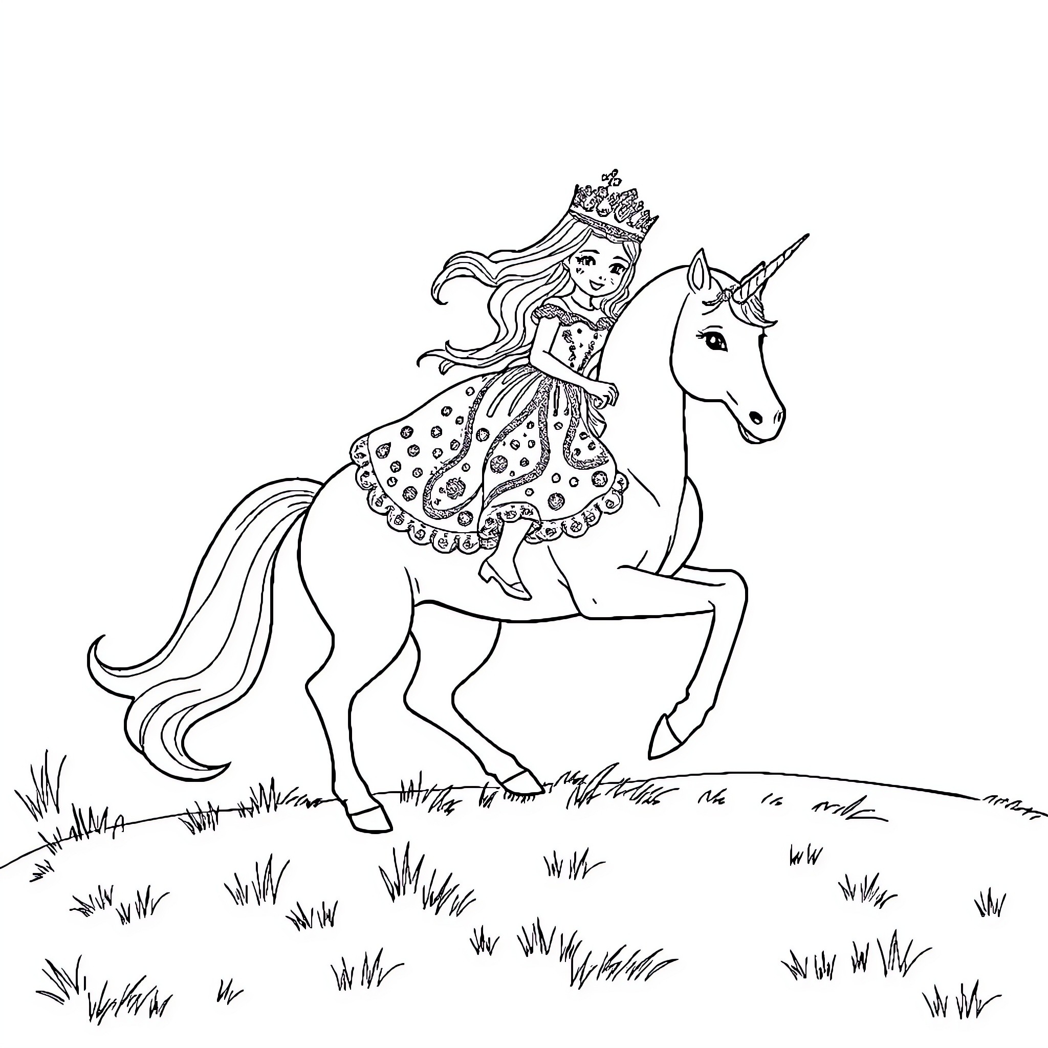 Princess riding a magical unicorn through the meadow Coloring Page (free black-and-white line drawing printable PDF for all, from beginners to advanced learners, including children, teens, adults, and seniors)