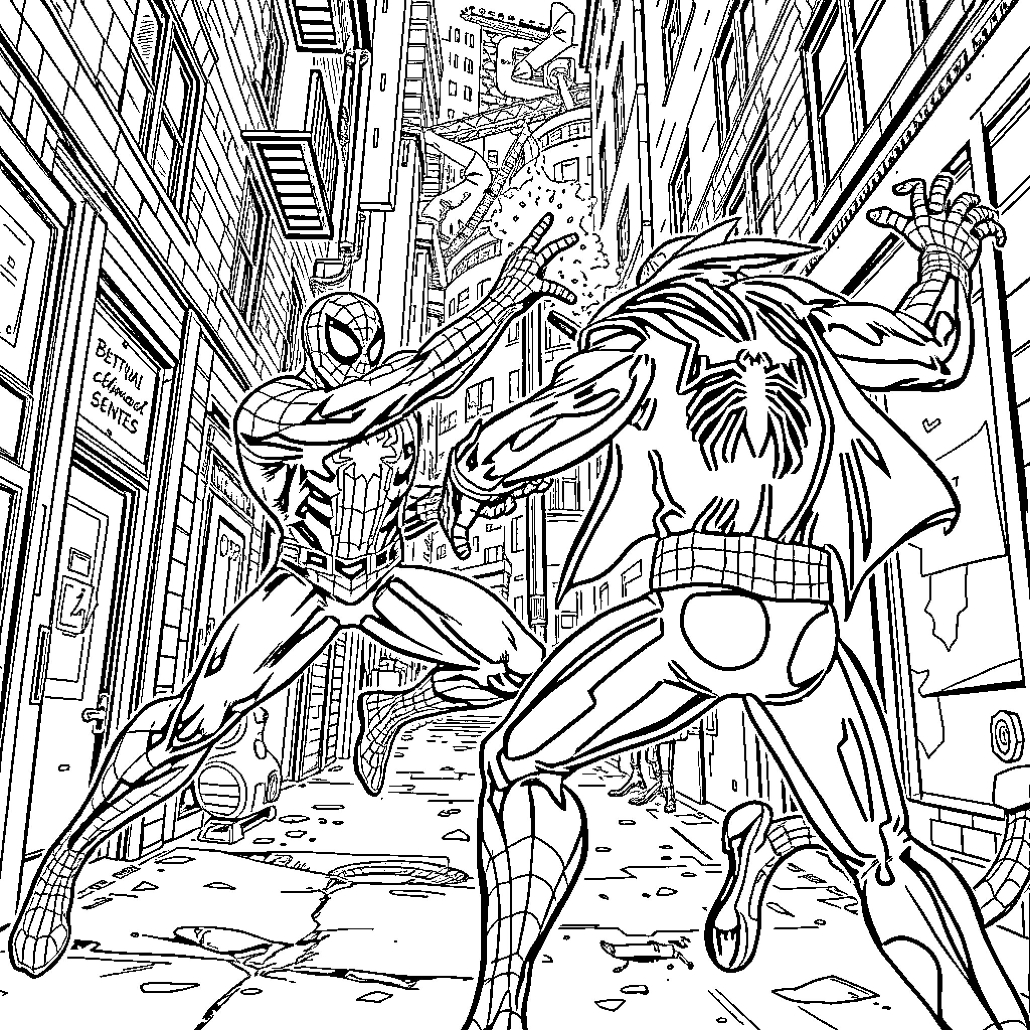 Deadwood - Superhero's Clash in City Streets Coloring Page (free black-and-white line drawing printable PDF for all, from beginners to advanced learners, including children, teens, adults, and seniors)