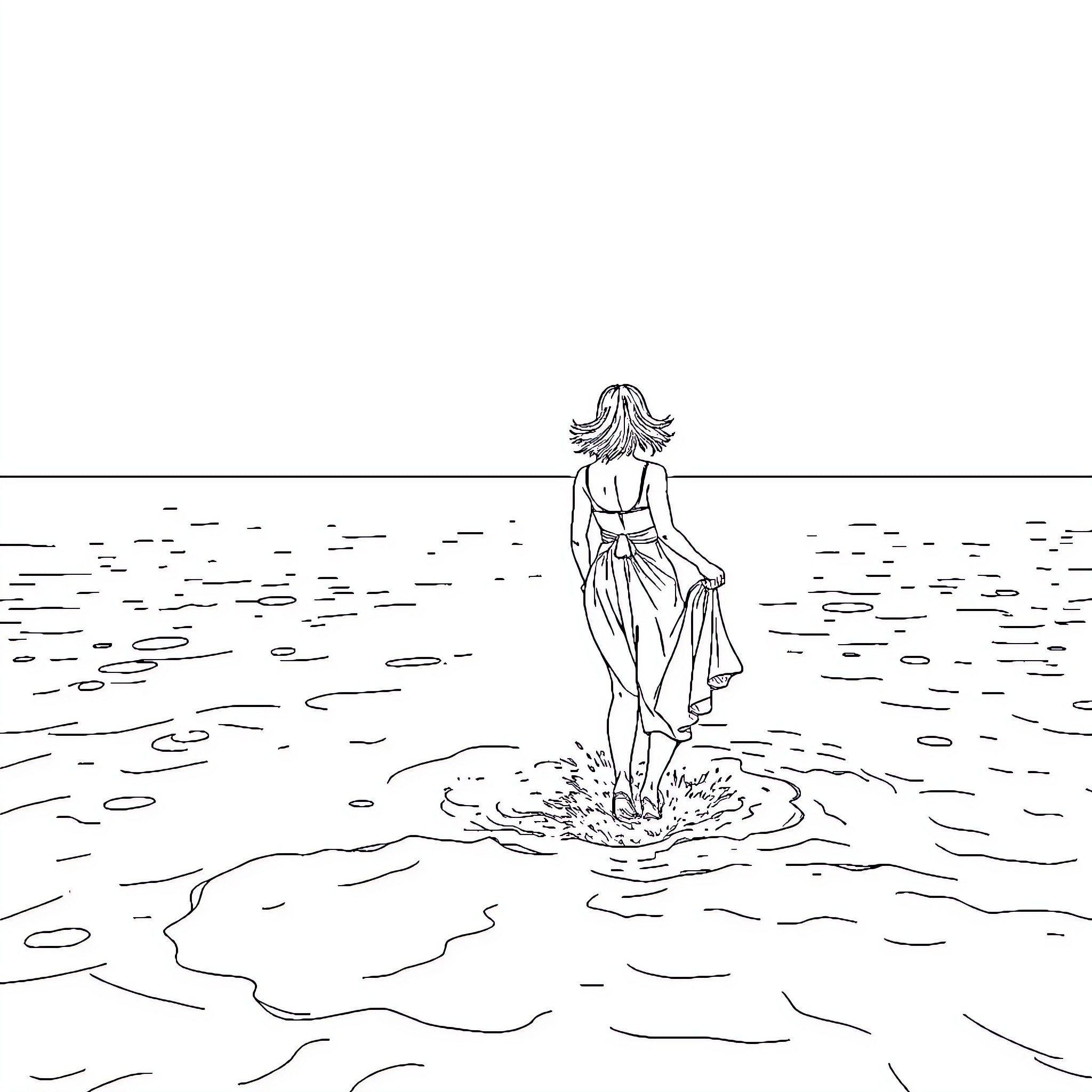 Woman standing in the sea Coloring Page (free black-and-white line drawing printable PDF for all, from beginners to advanced learners, including children, teens, adults, and seniors)