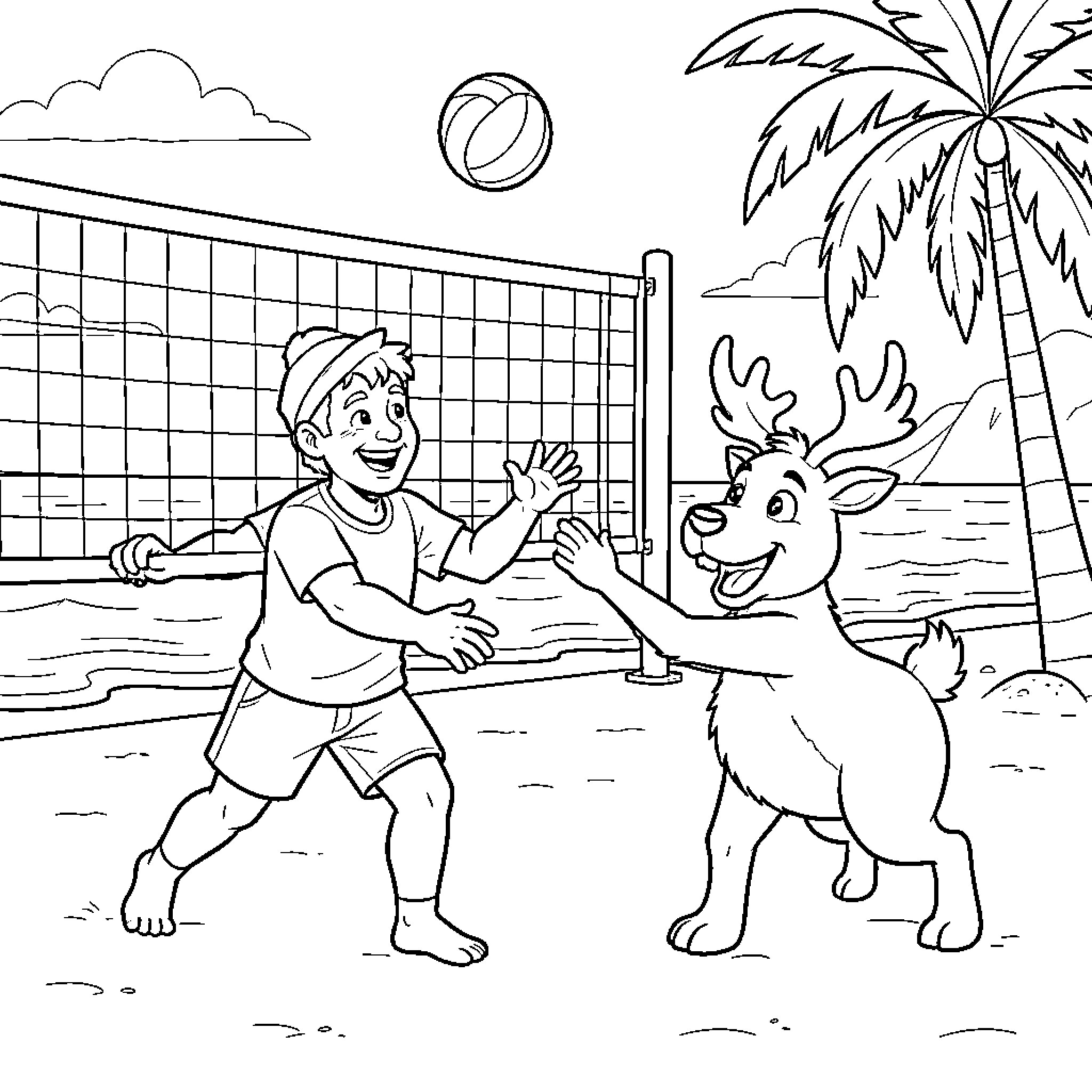Santa Claus Playing Volleyball with a Reindeer on the Beach Coloring Page (free black-and-white line drawing printable PDF for all, from beginners to advanced learners, including children, teens, adults, and seniors)