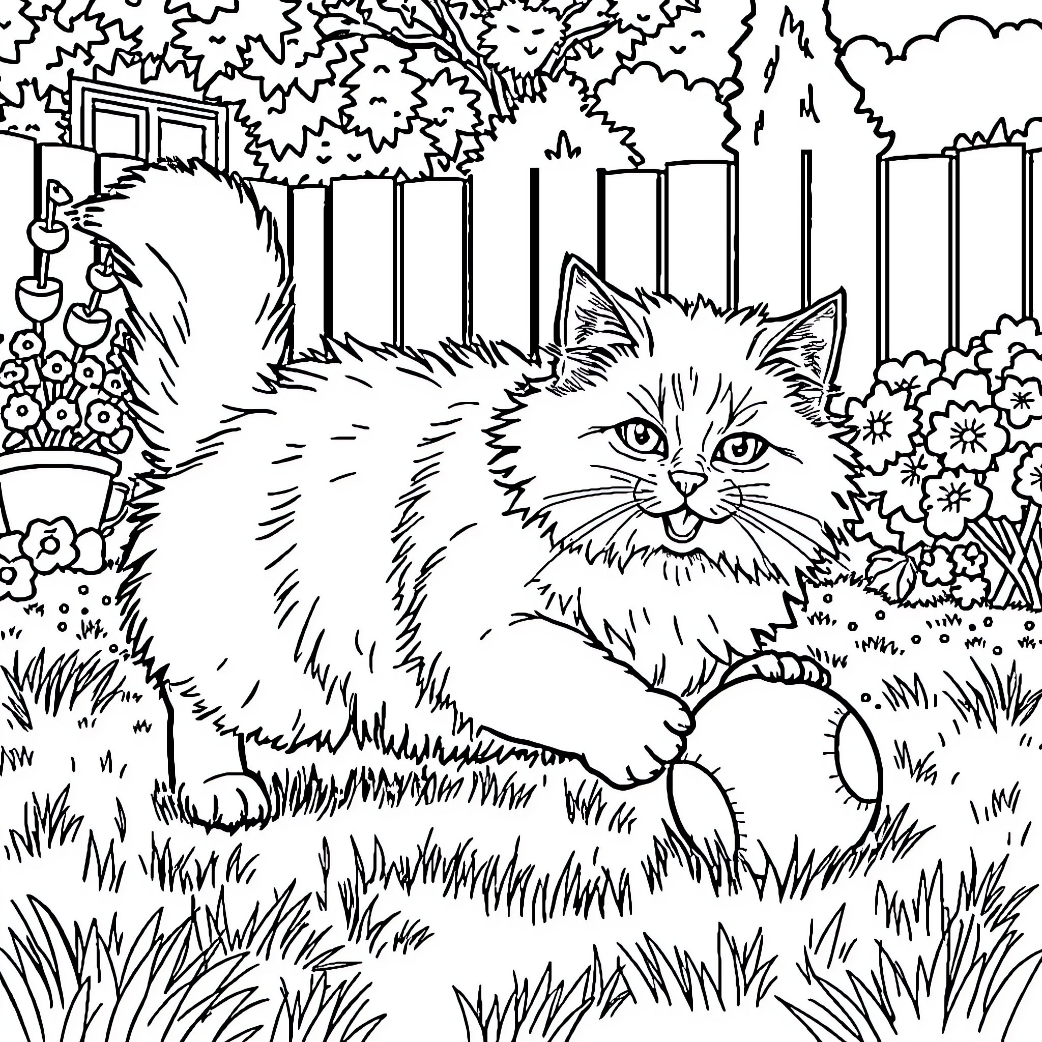 Ragdoll Cat in a Fenced Backyard Coloring Page (free black-and-white line drawing printable PDF for all, from beginners to advanced learners, including children, teens, adults, and seniors)