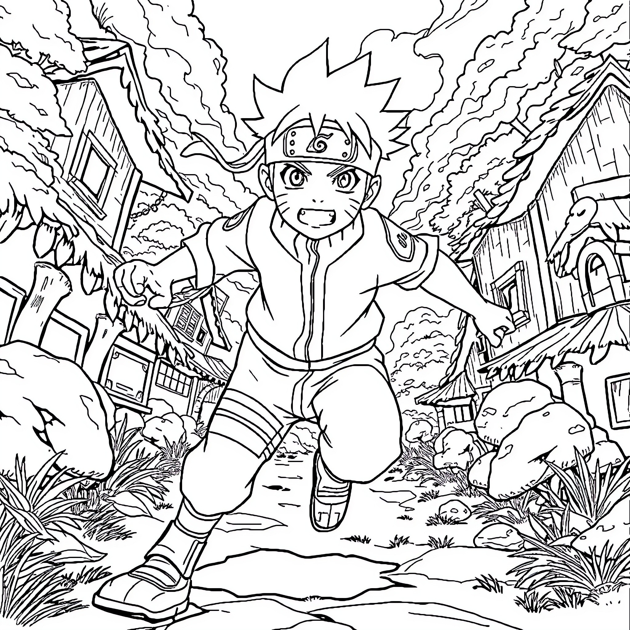 Naruto in an intense battle scene Coloring Page (free black-and-white line drawing printable PDF for all, from beginners to advanced learners, including children, teens, adults, and seniors)