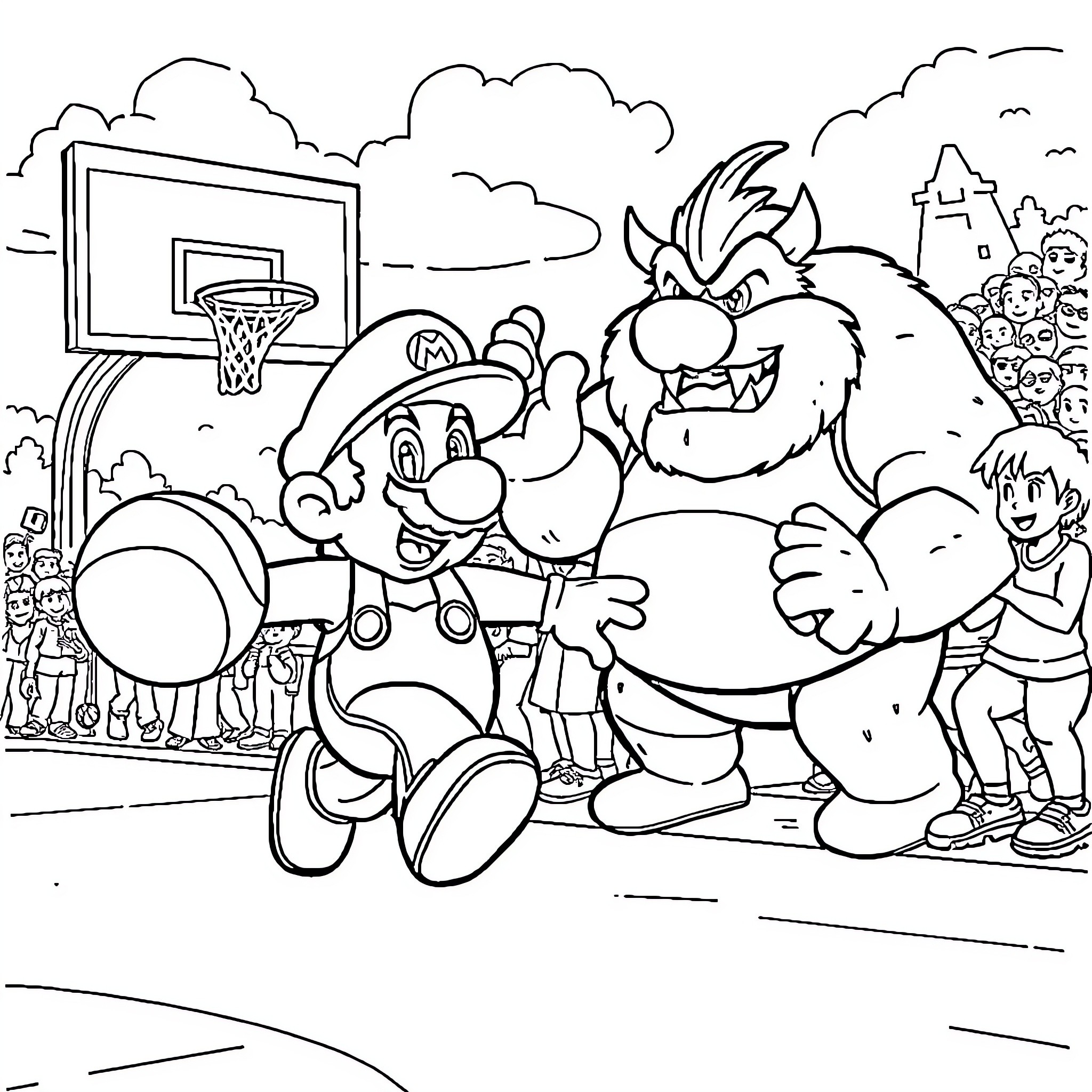Mario and Bowser Playing Basketball on the Court Coloring Page (free black-and-white line drawing printable PDF for all, from beginners to advanced learners, including children, teens, adults, and seniors)