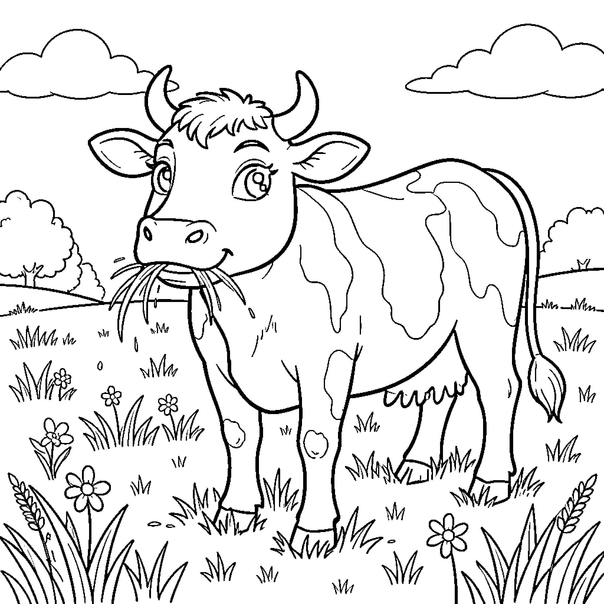 Cow eating grass in a flowery meadow Coloring Page (free black-and-white line drawing printable PDF for all, from beginners to advanced learners, including children, teens, adults, and seniors)
