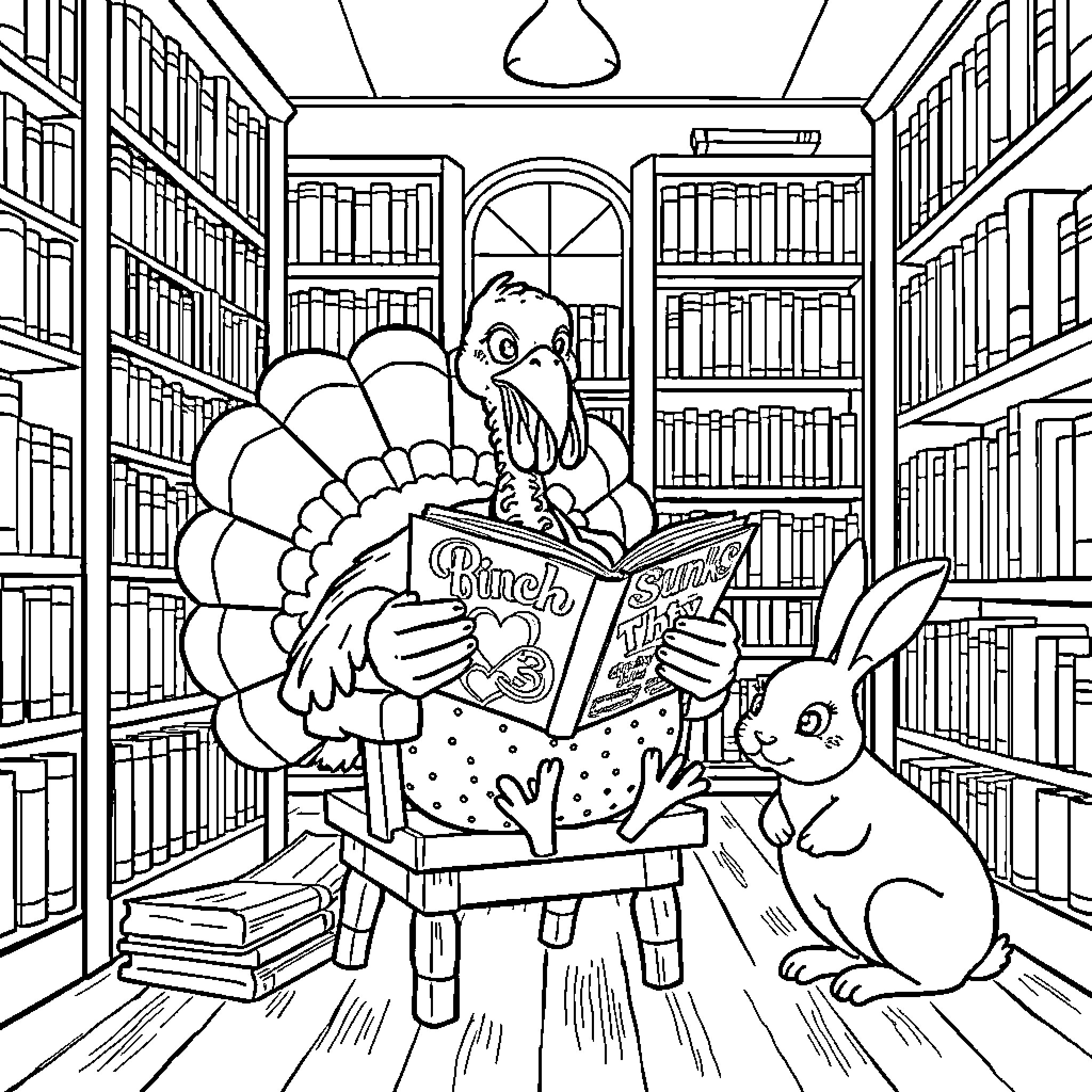 Turkey reading a book with a rabbit in the library Coloring Page (free black-and-white line drawing printable PDF for all, from beginners to advanced learners, including children, teens, adults, and seniors)