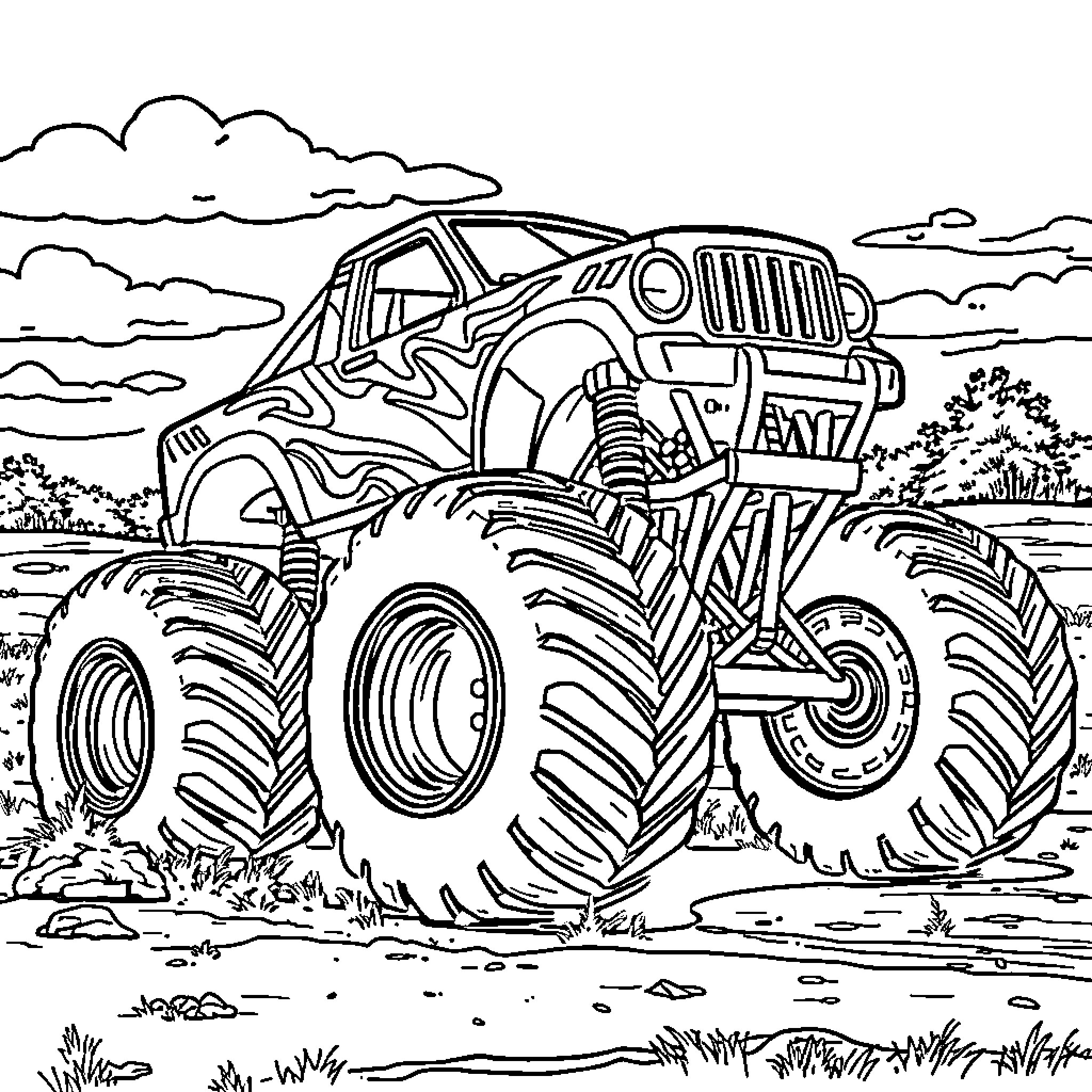 Monster Truck Crushing Through the Wilderness Coloring Page (free black-and-white line drawing printable PDF for all, from beginners to advanced learners, including children, teens, adults, and seniors)