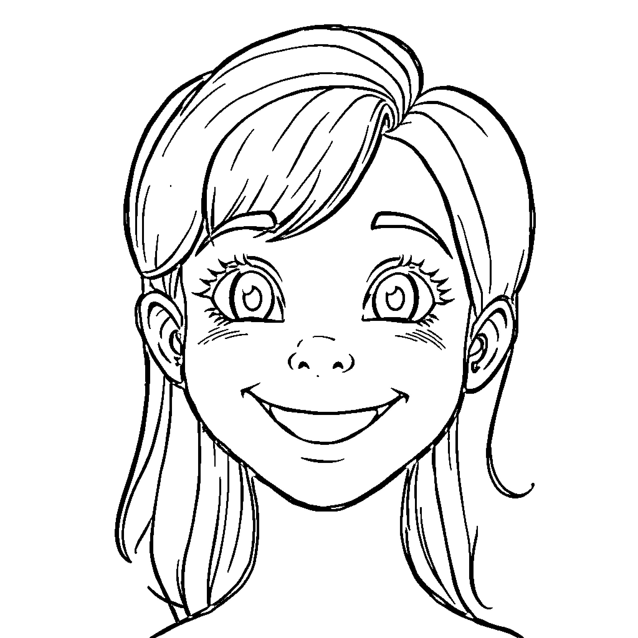 Face of a smiling young girl Coloring Page (free black-and-white line drawing printable PDF for all, from beginners to advanced learners, including children, teens, adults, and seniors)