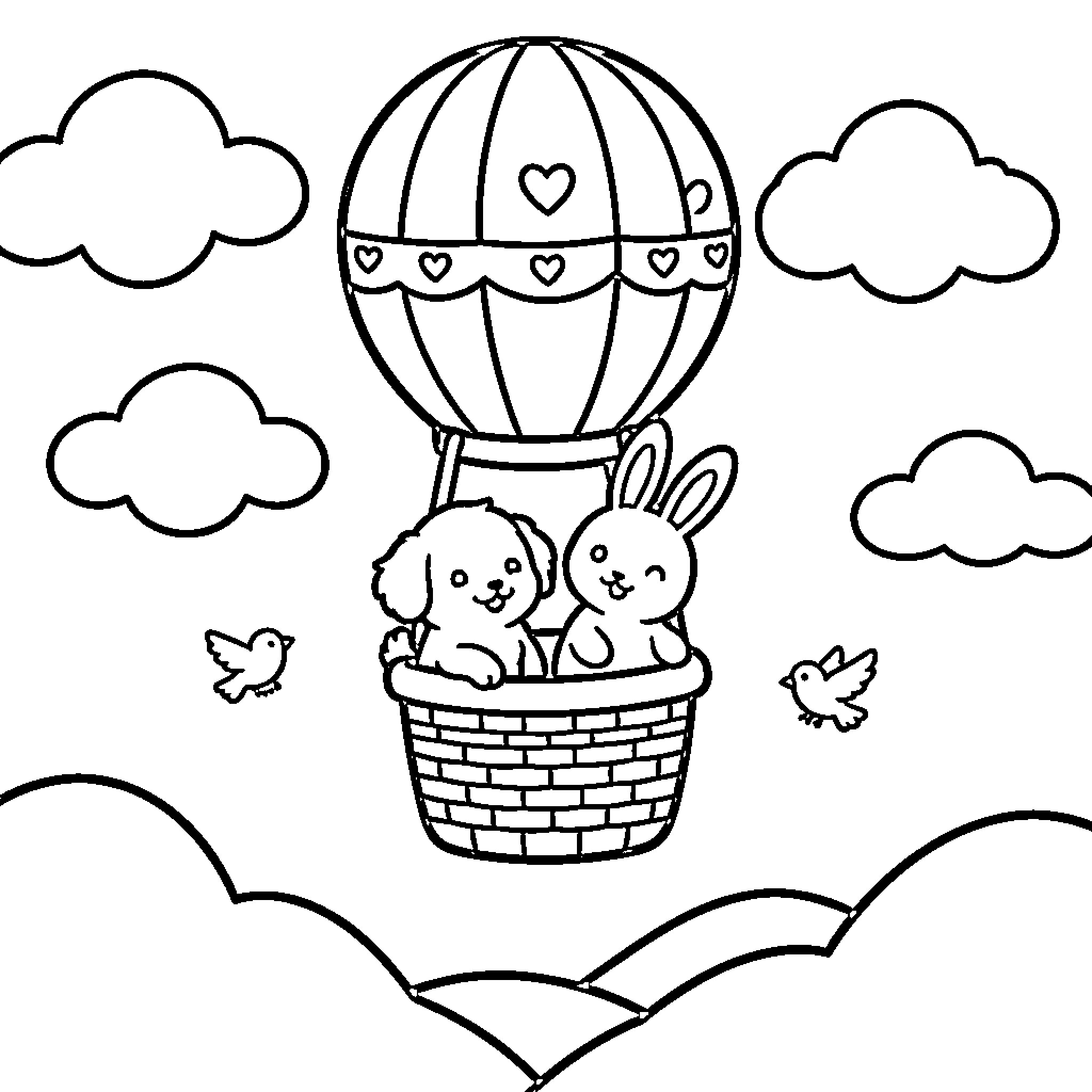 Puppy riding hot air balloon with friends Coloring Page (free black-and-white line drawing printable PDF for all, from beginners to advanced learners, including children, teens, adults, and seniors)