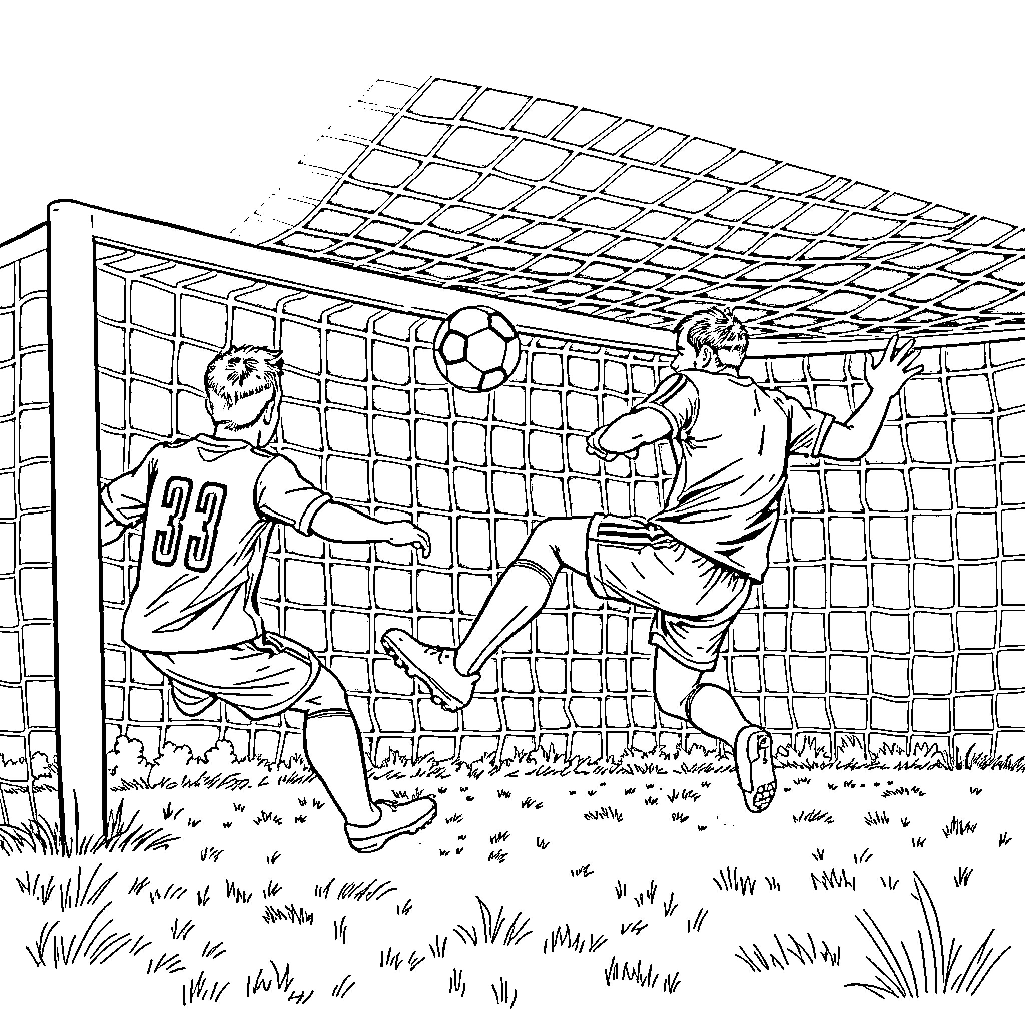Football Players Competing During a Match Coloring Page (free black-and-white line drawing printable PDF for all, from beginners to advanced learners, including children, teens, adults, and seniors)