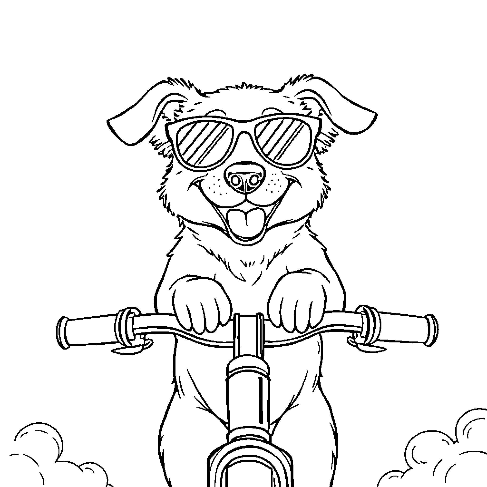 Dog riding a bicycle with sunglasses Coloring Page (free black-and-white line drawing printable PDF for all, from beginners to advanced learners, including children, teens, adults, and seniors)