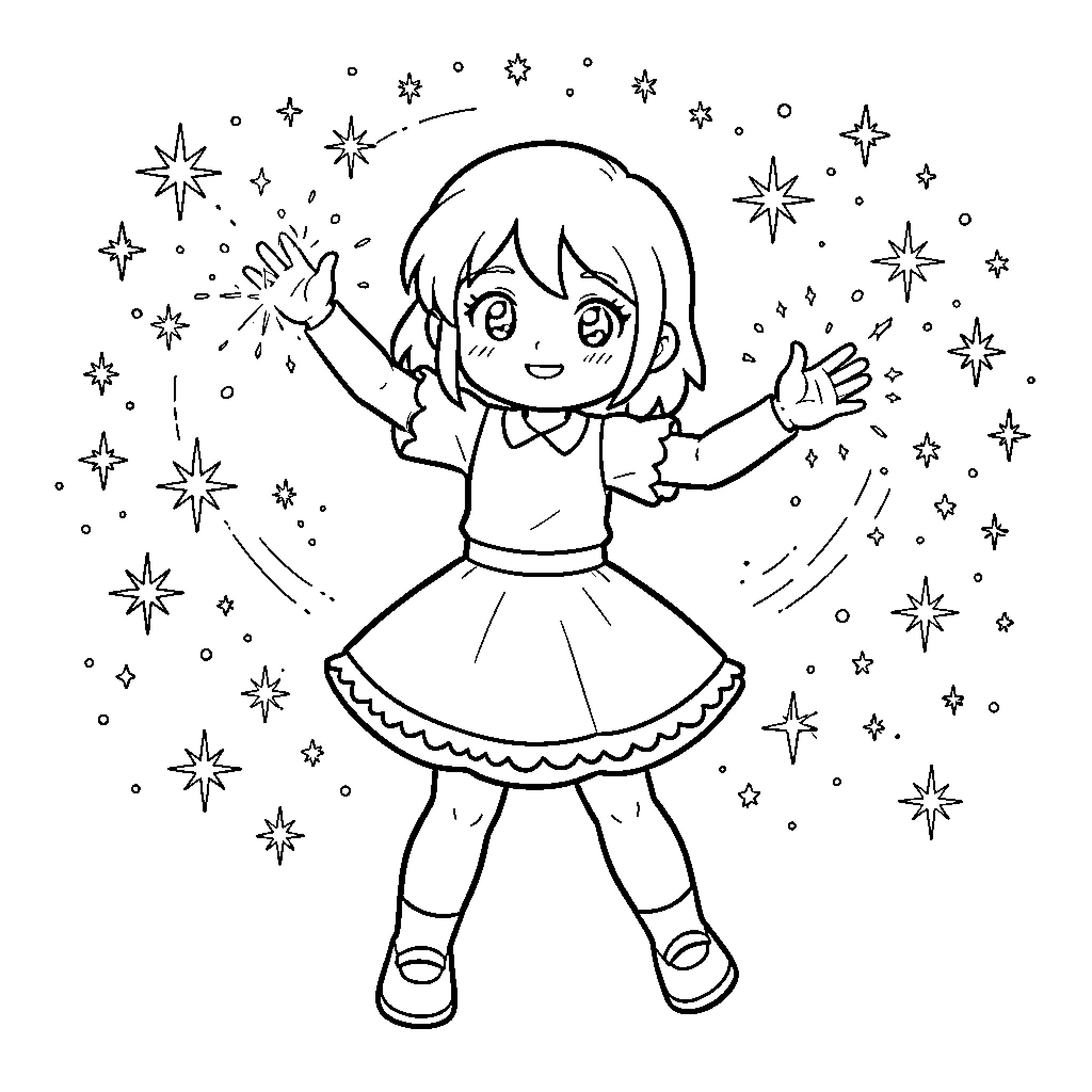 Doremi posing joyfully surrounded by sparkling stars Coloring Page (free black-and-white line drawing printable PDF for all, from beginners to advanced learners, including children, teens, adults, and seniors)
