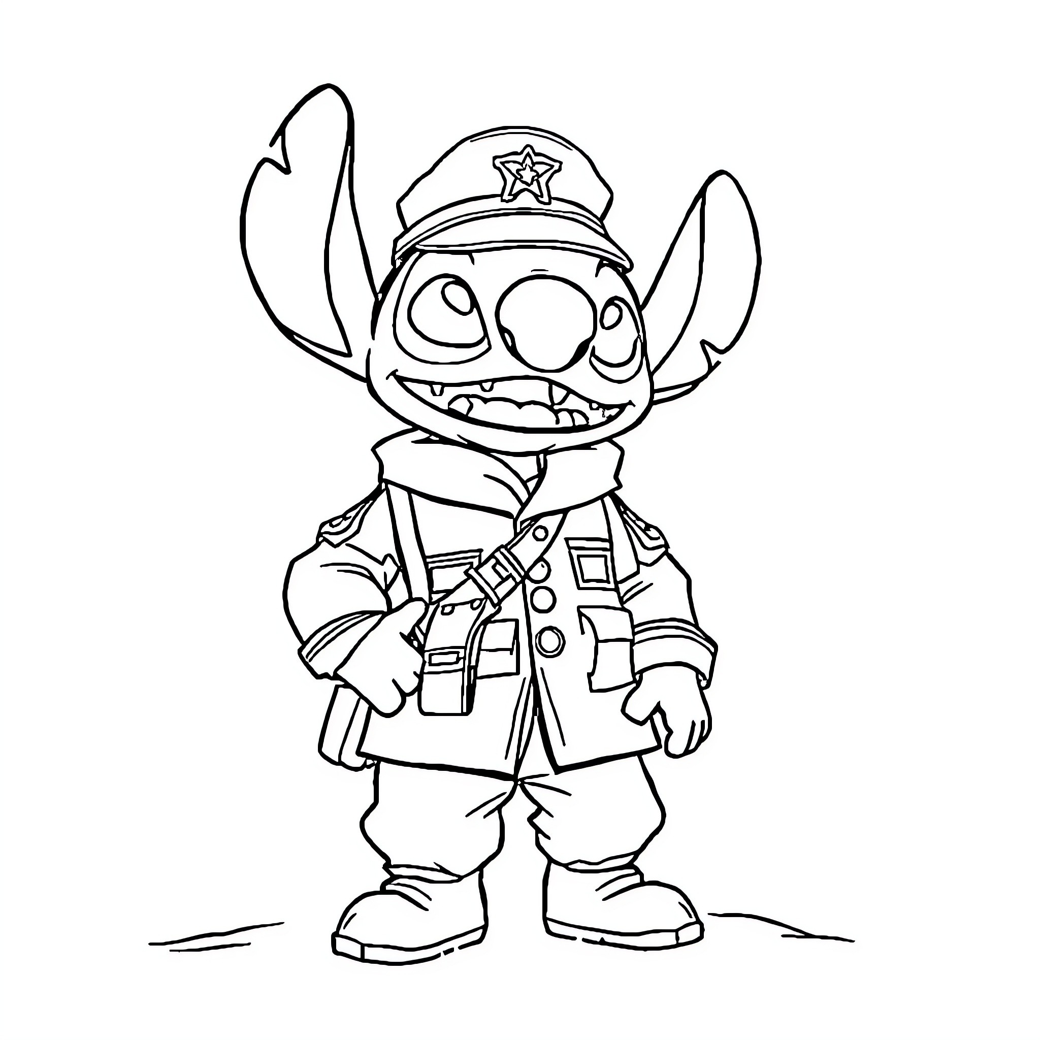 Stitch dressed up as a police officer Coloring Page (free black-and-white line drawing printable PDF for all, from beginners to advanced learners, including children, teens, adults, and seniors)