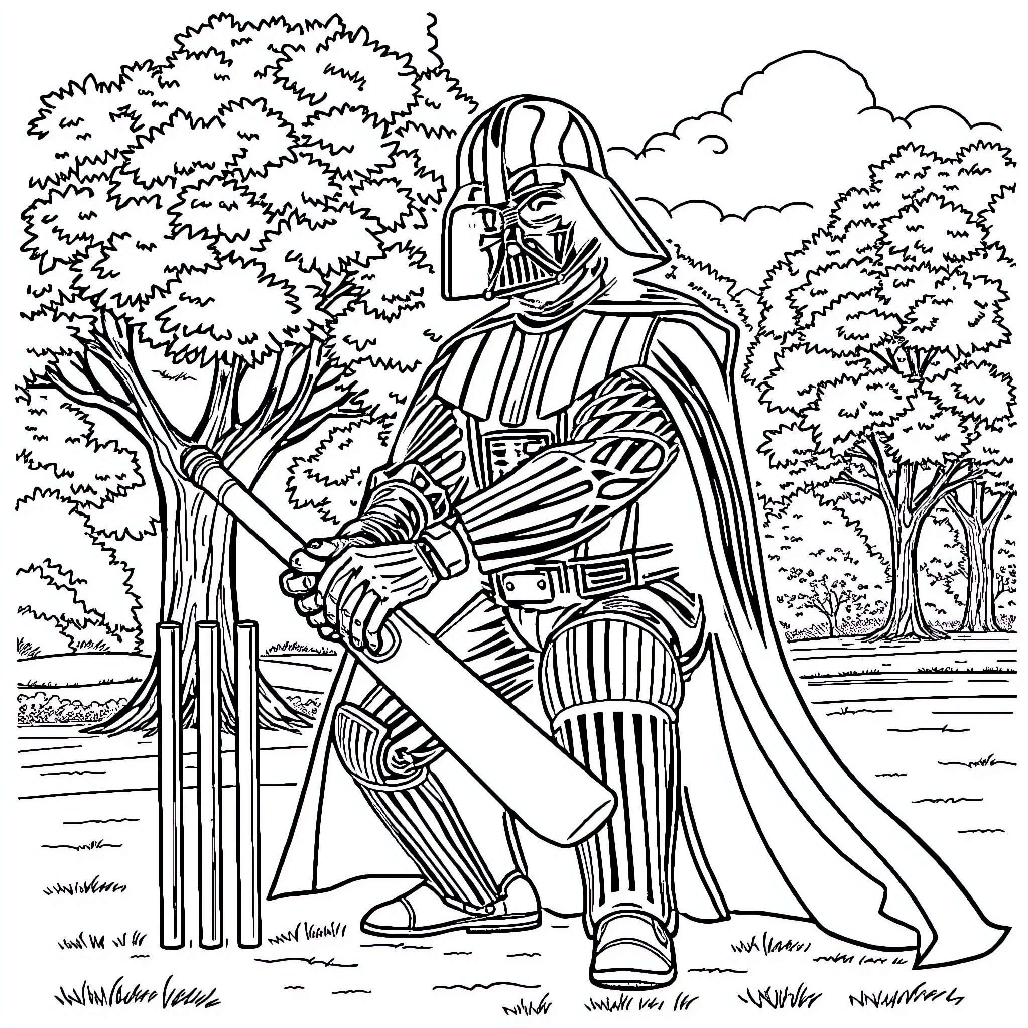 Darth Vader standing in a forest landscape Coloring Page (free black-and-white line drawing printable PDF for all, from beginners to advanced learners, including children, teens, adults, and seniors)