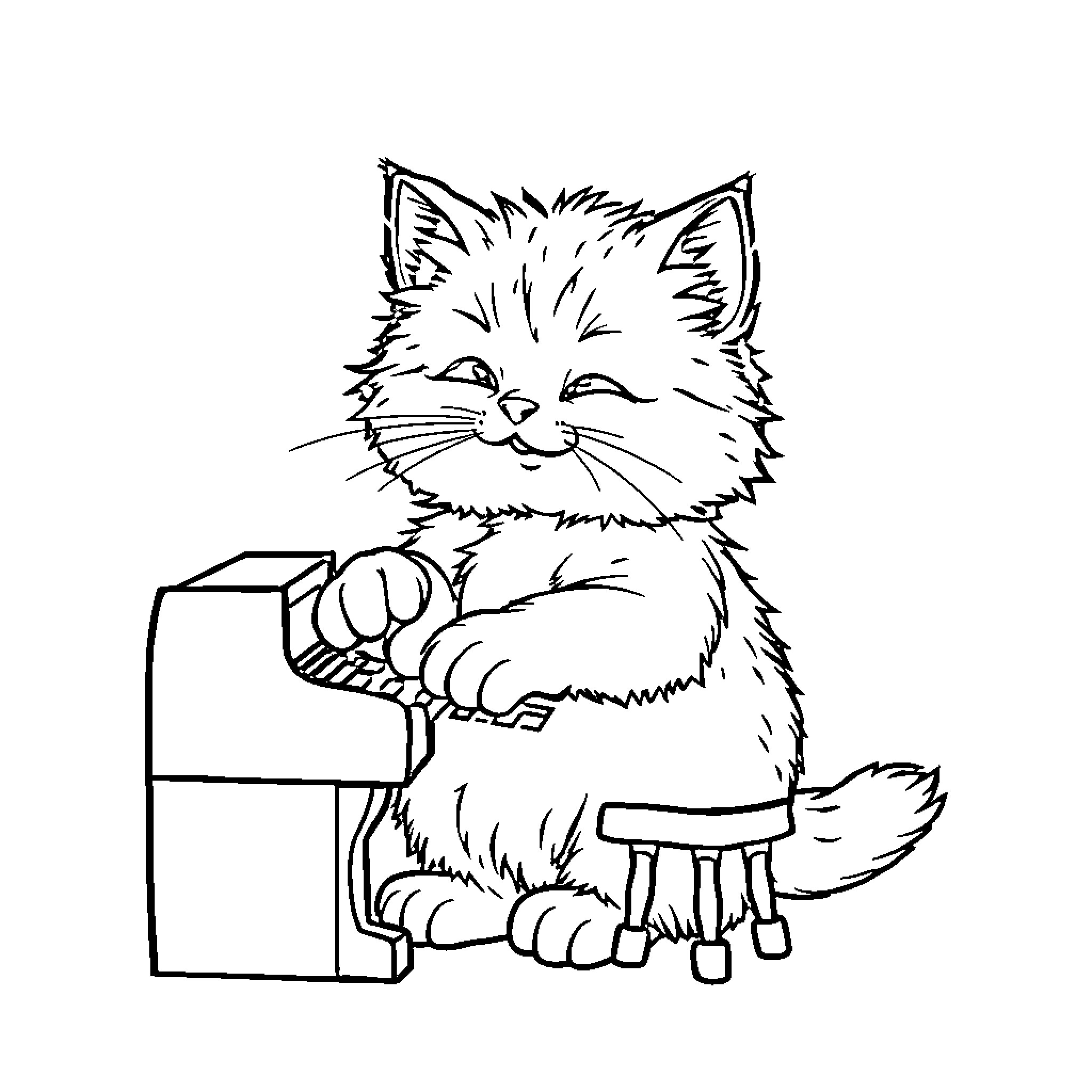 Cat playing with a musical instrument Coloring Page (free black-and-white line drawing printable PDF for all, from beginners to advanced learners, including children, teens, adults, and seniors)