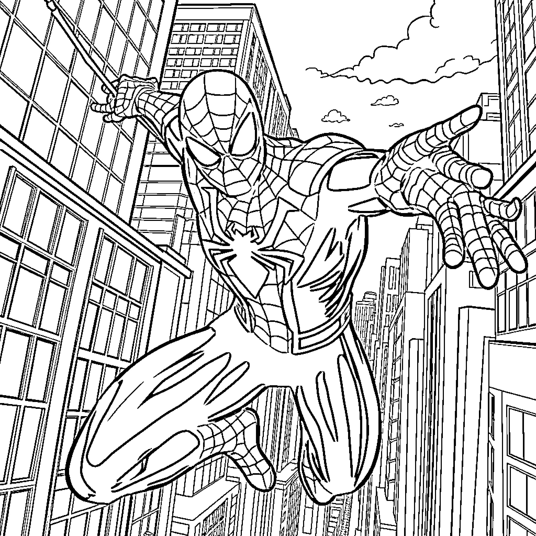 Spiderman swinging through the city skyscrapers Coloring Page (free black-and-white line drawing printable PDF for all, from beginners to advanced learners, including children, teens, adults, and seniors)