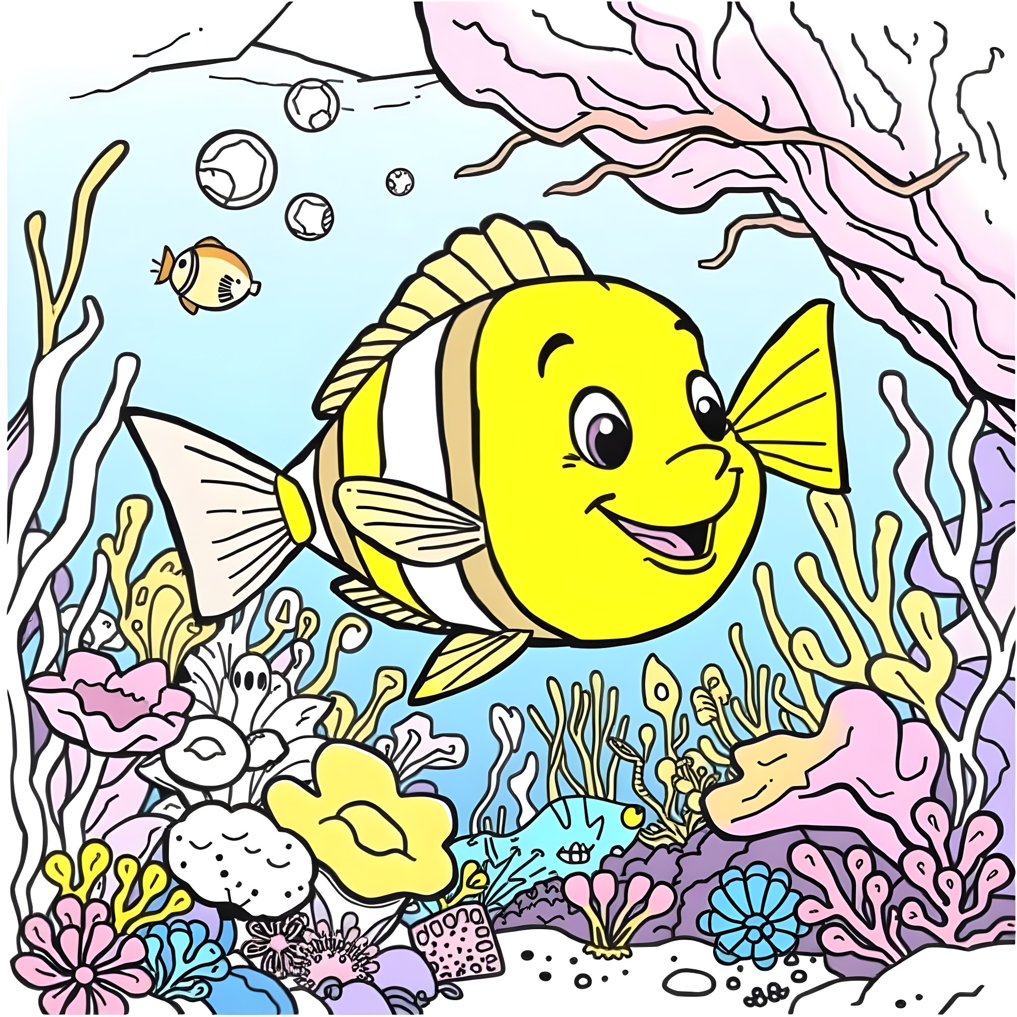 Flounder swimming happily in the colorful underwater scene Coloring Page (free black-and-white line drawing printable PDF for all, from beginners to advanced learners, including children, teens, adults, and seniors)