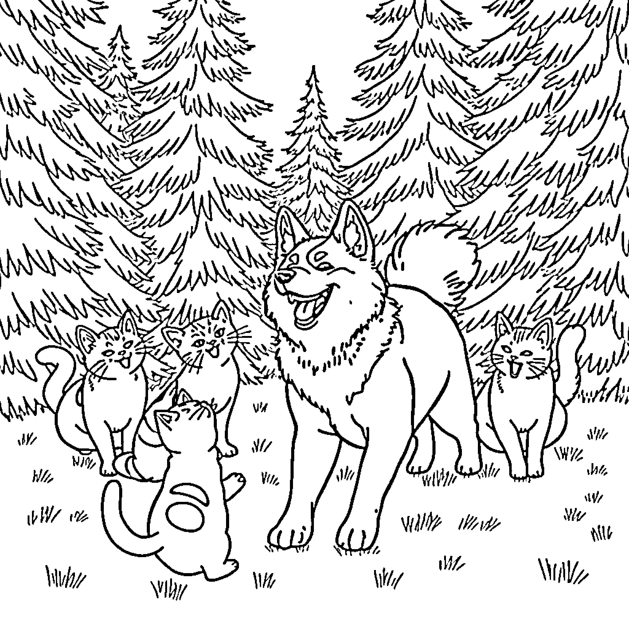 Akita dogs exploring the snowy forest Coloring Page (free black-and-white line drawing printable PDF for all, from beginners to advanced learners, including children, teens, adults, and seniors)