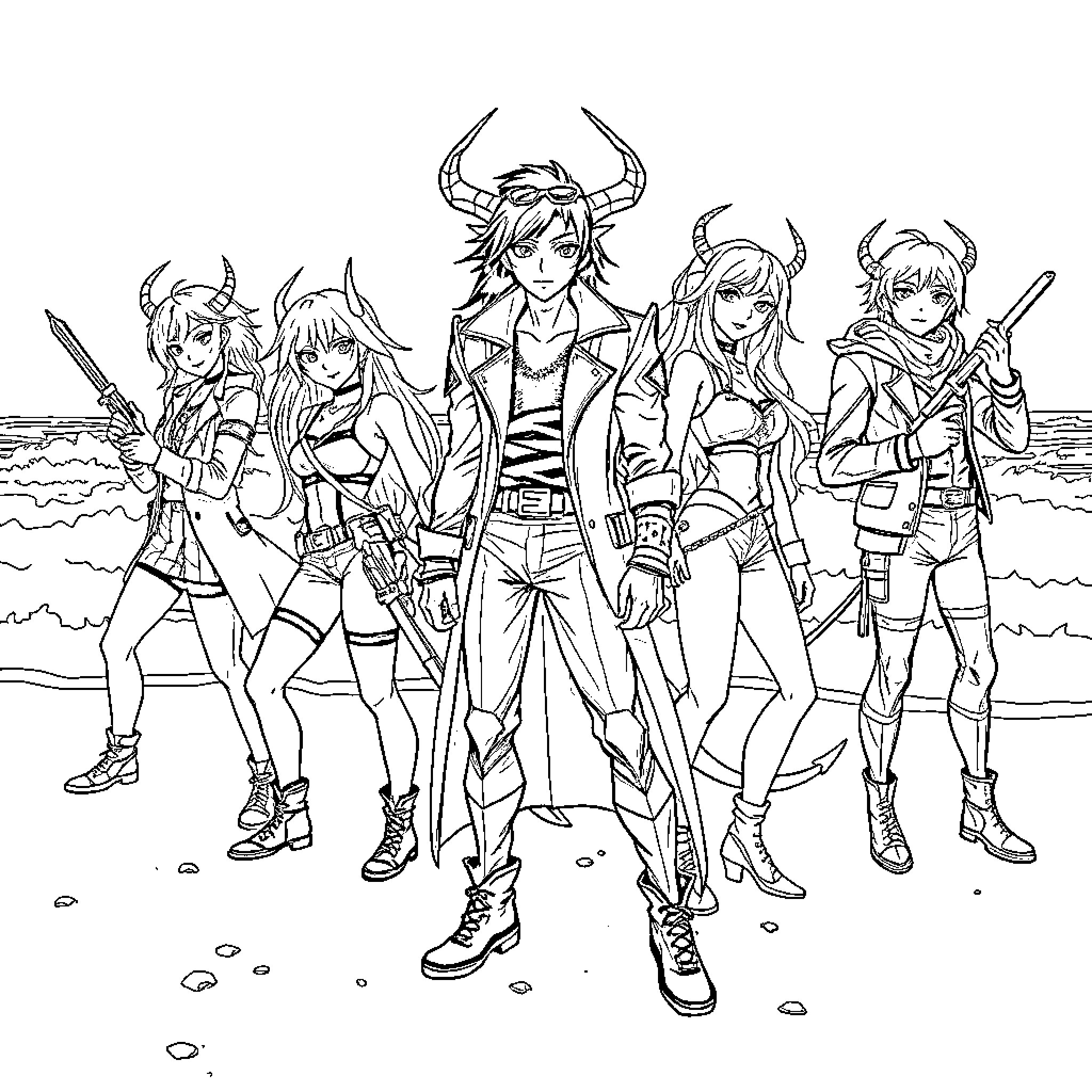 Demon Hunter Squad Battles Fearsome Foes Coloring Page (free black-and-white line drawing printable PDF for all, from beginners to advanced learners, including children, teens, adults, and seniors)