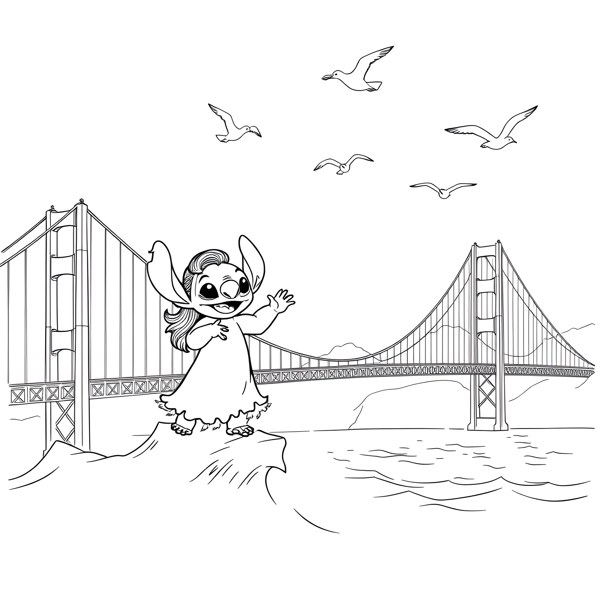 Lilo waving in front of the Golden Gate Bridge Coloring Page (free black-and-white line drawing printable PDF for all, from beginners to advanced learners, including children, teens, adults, and seniors)