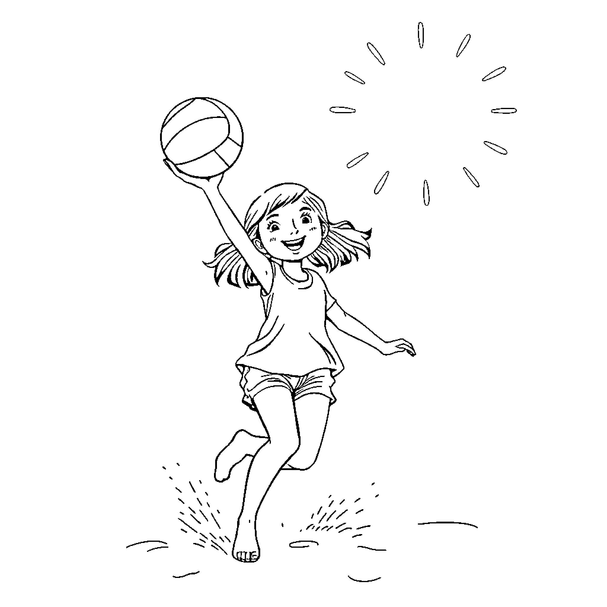 Girl jumping and playing with ball joyfully Coloring Page (free black-and-white line drawing printable PDF for all, from beginners to advanced learners, including children, teens, adults, and seniors)