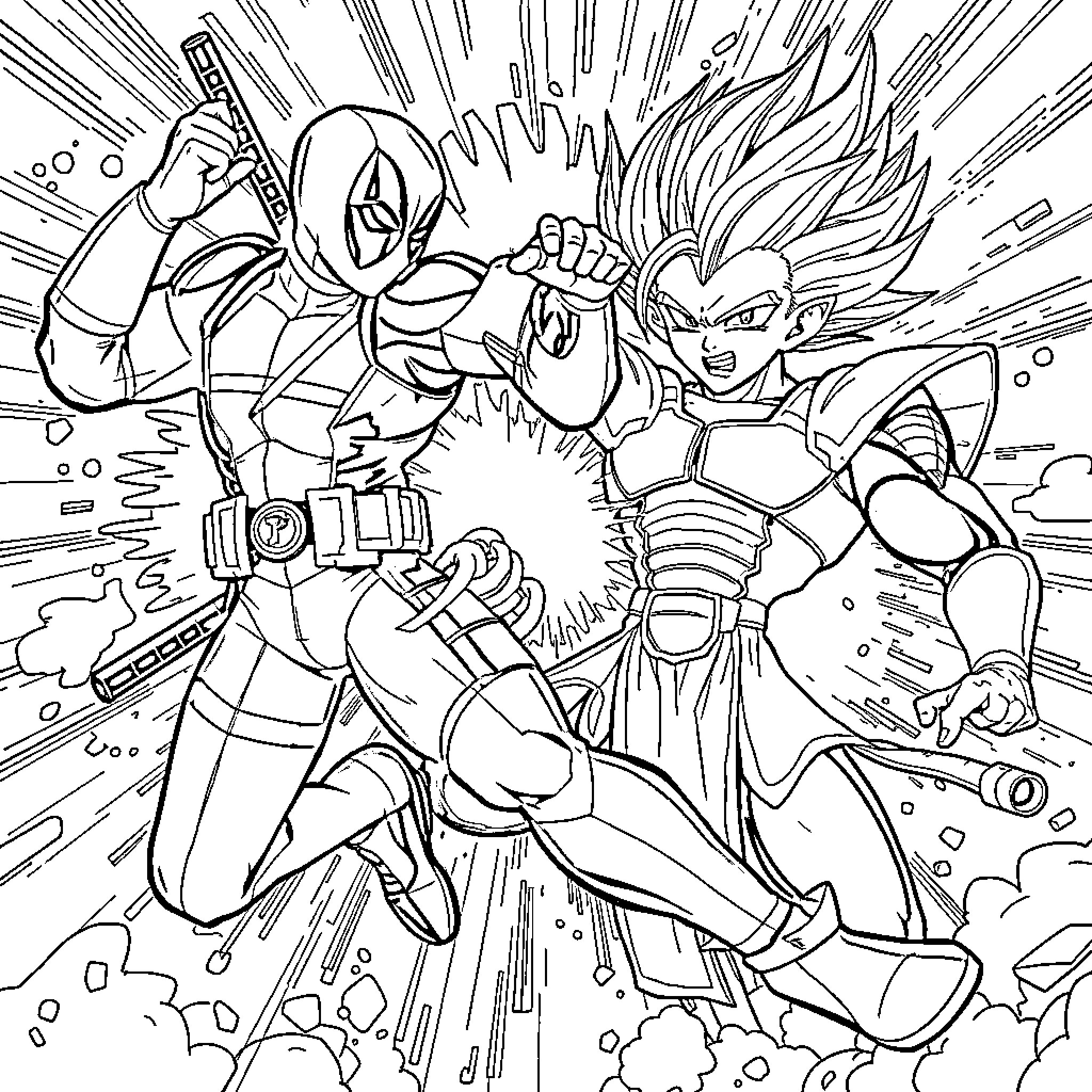 Deadpool's Intense Combat with Powerful Warrior Coloring Page (free black-and-white line drawing printable PDF for all, from beginners to advanced learners, including children, teens, adults, and seniors)