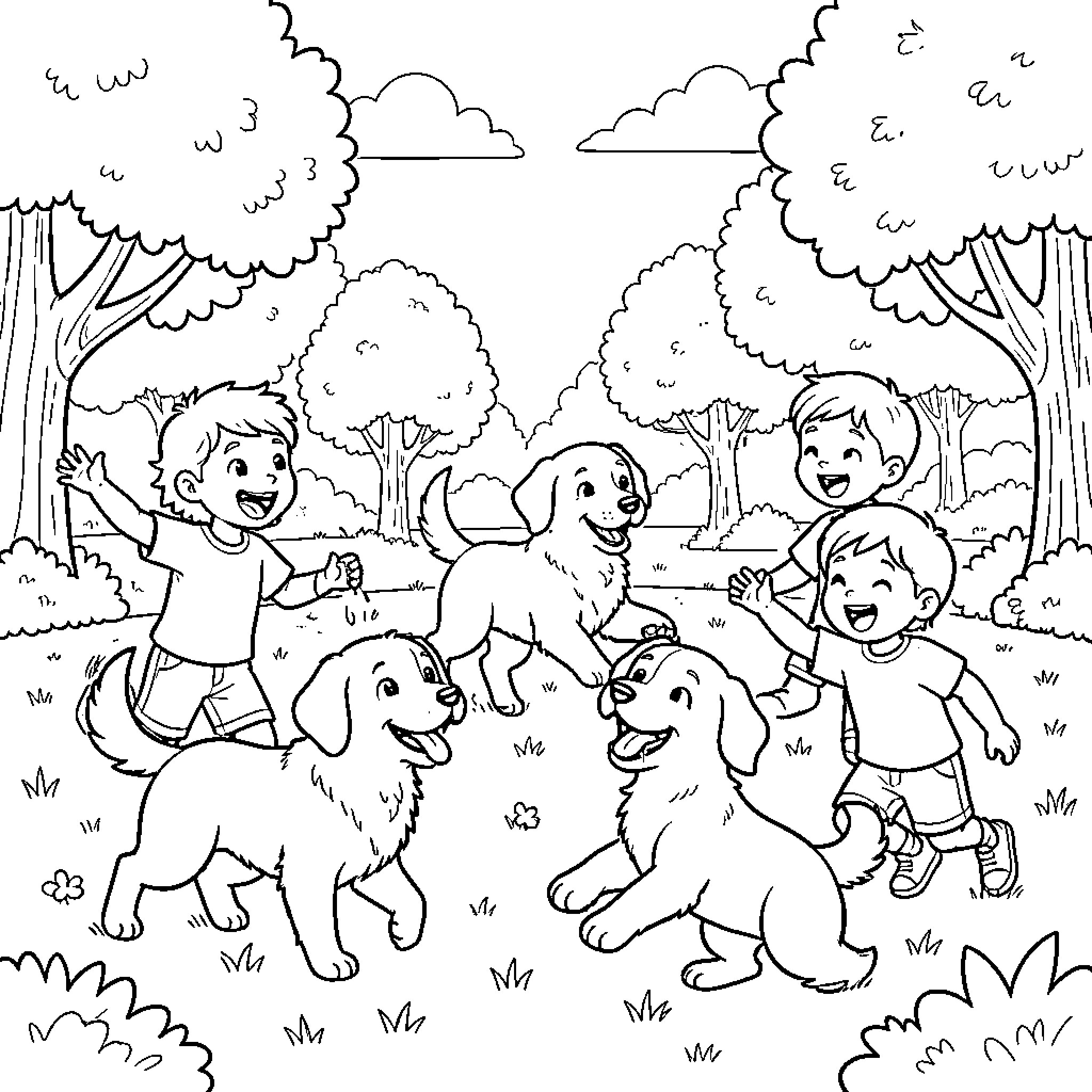 Dog playing with children in the park Coloring Page (free black-and-white line drawing printable PDF for all, from beginners to advanced learners, including children, teens, adults, and seniors)