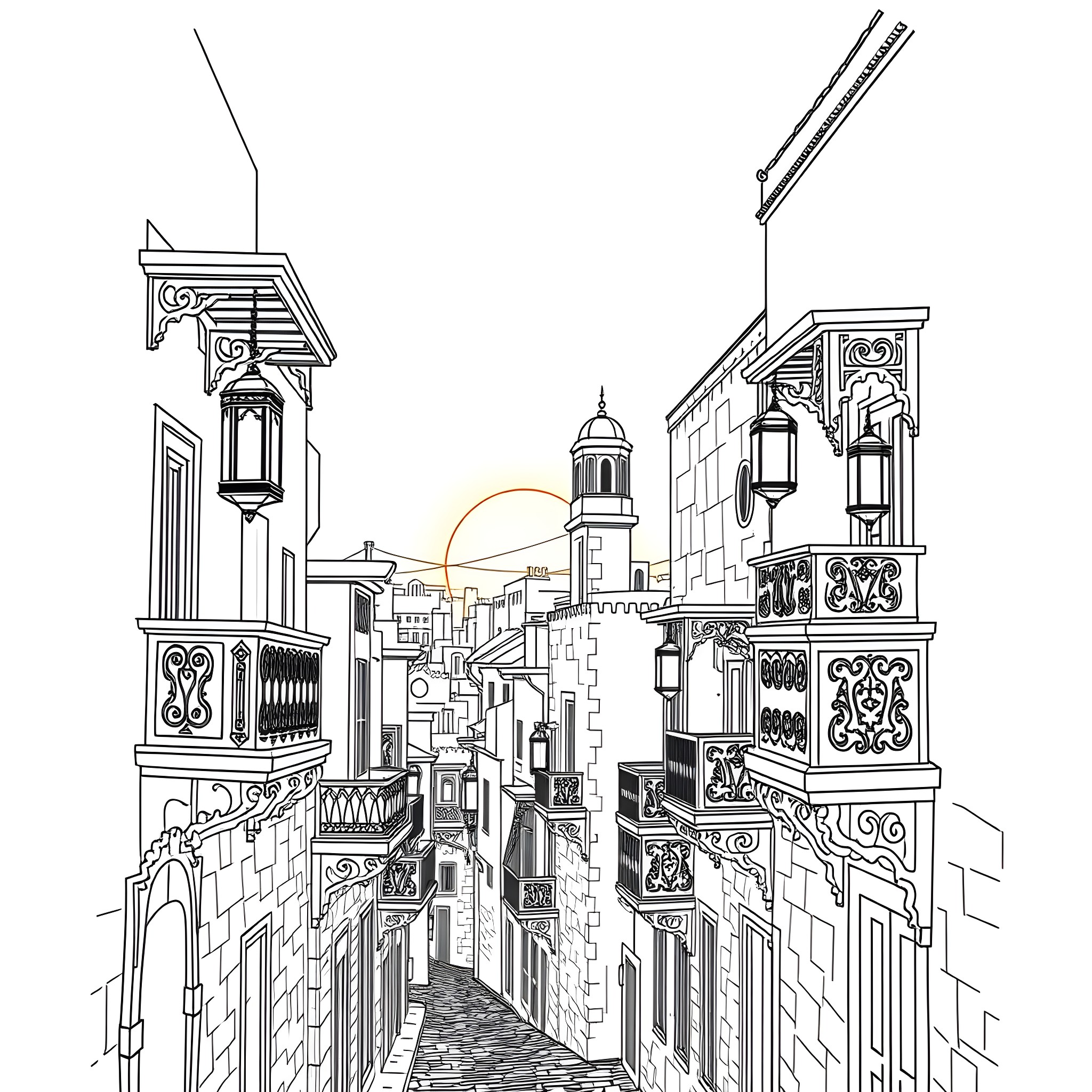 City scene with ornate architecture and street lamps Coloring Page (free black-and-white line drawing printable PDF for all, from beginners to advanced learners, including children, teens, adults, and seniors)
