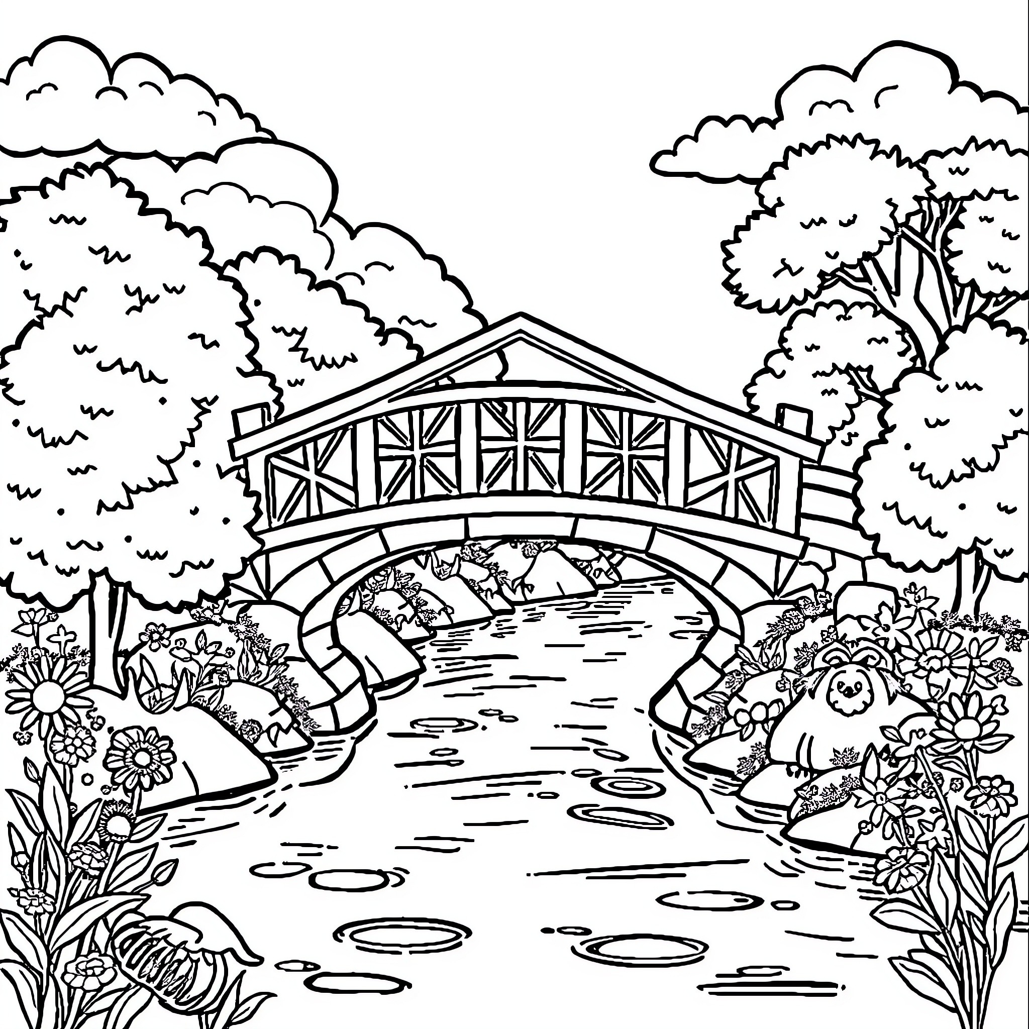 River scenery with a rustic bridge and nature Coloring Page (free black-and-white line drawing printable PDF for all, from beginners to advanced learners, including children, teens, adults, and seniors)