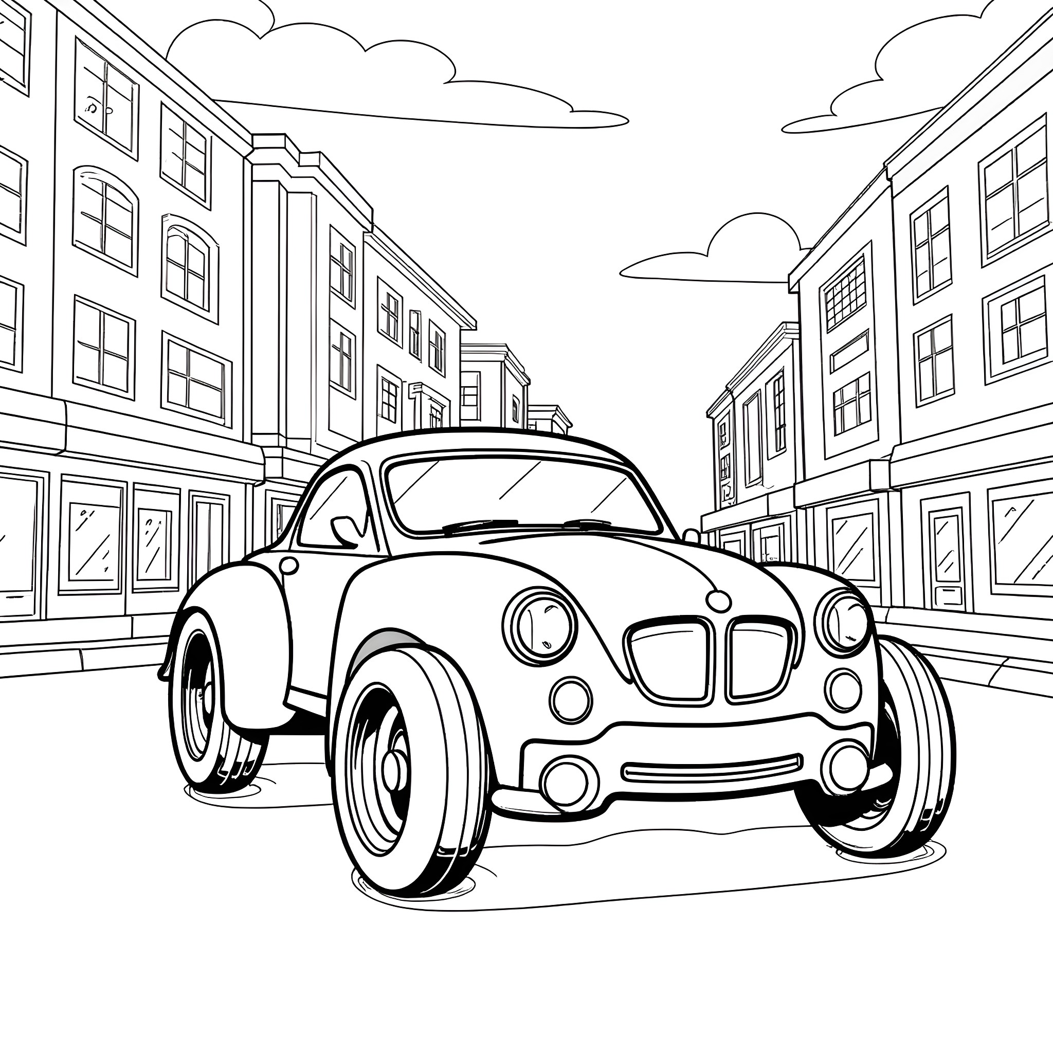 Batwheels racing through the city streets Coloring Page (free black-and-white line drawing printable PDF for all, from beginners to advanced learners, including children, teens, adults, and seniors)