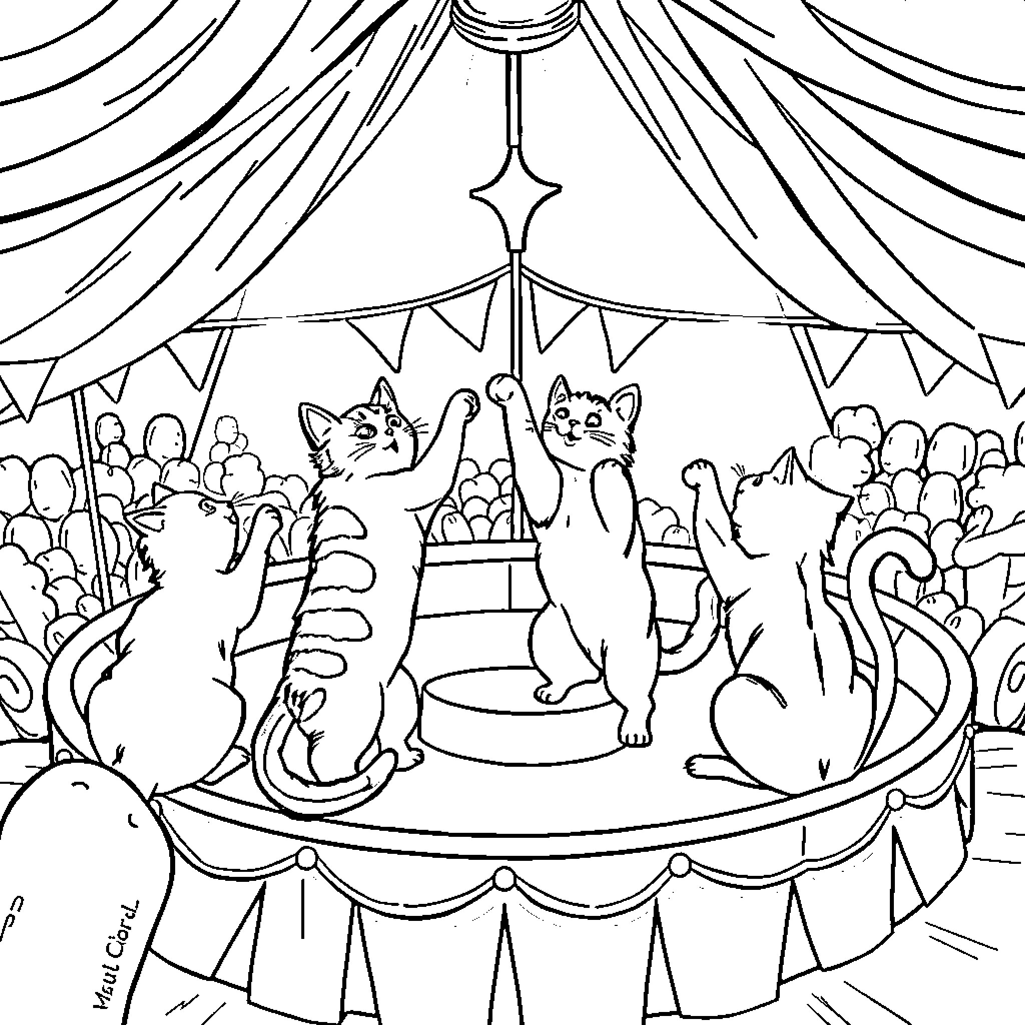 Cat Circus Performers in the Big Top Coloring Page (free black-and-white line drawing printable PDF for all, from beginners to advanced learners, including children, teens, adults, and seniors)
