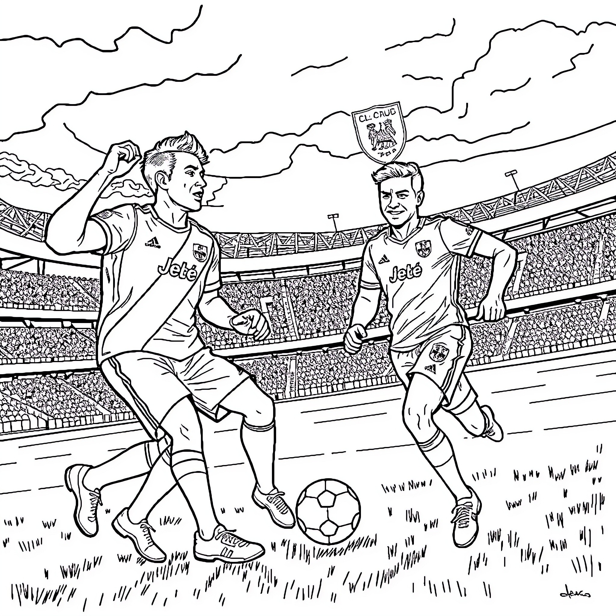 Colo Colo Players Competing on the Field Coloring Page (free black-and-white line drawing printable PDF for all, from beginners to advanced learners, including children, teens, adults, and seniors)