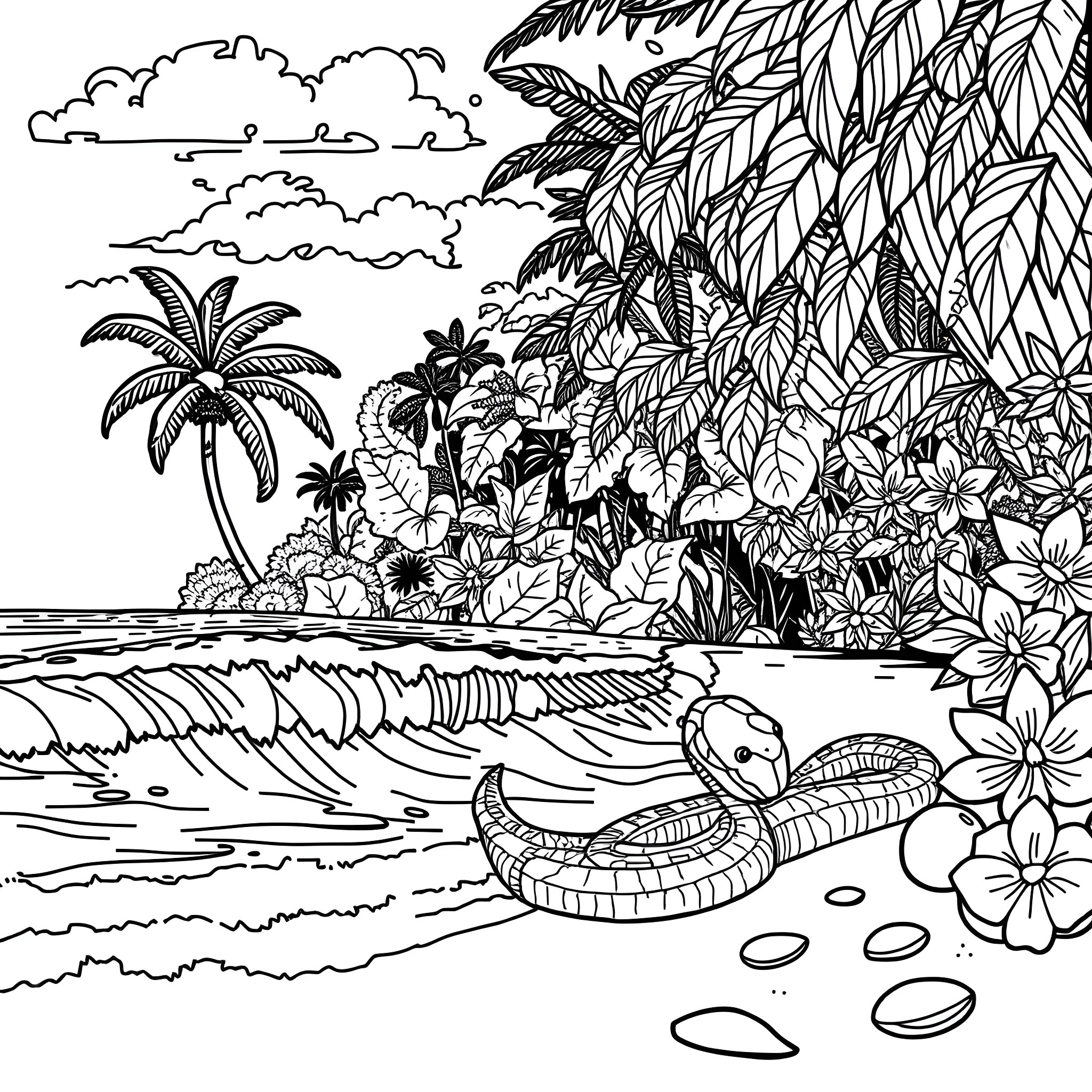 Mamba swimming in tropical paradise Coloring Page (free black-and-white line drawing printable PDF for all, from beginners to advanced learners, including children, teens, adults, and seniors)
