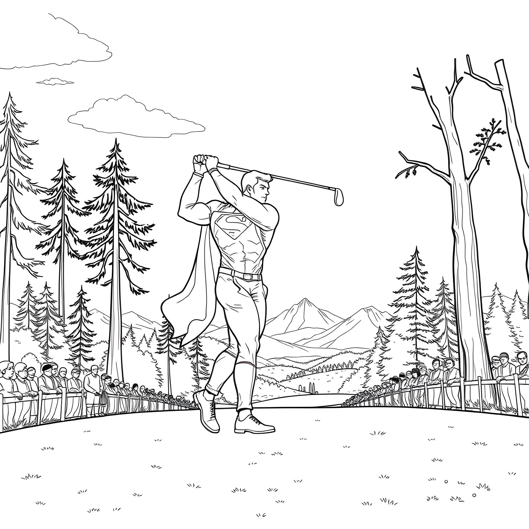 Superman golfing in a forest landscape Coloring Page (free black-and-white line drawing printable PDF for all, from beginners to advanced learners, including children, teens, adults, and seniors)