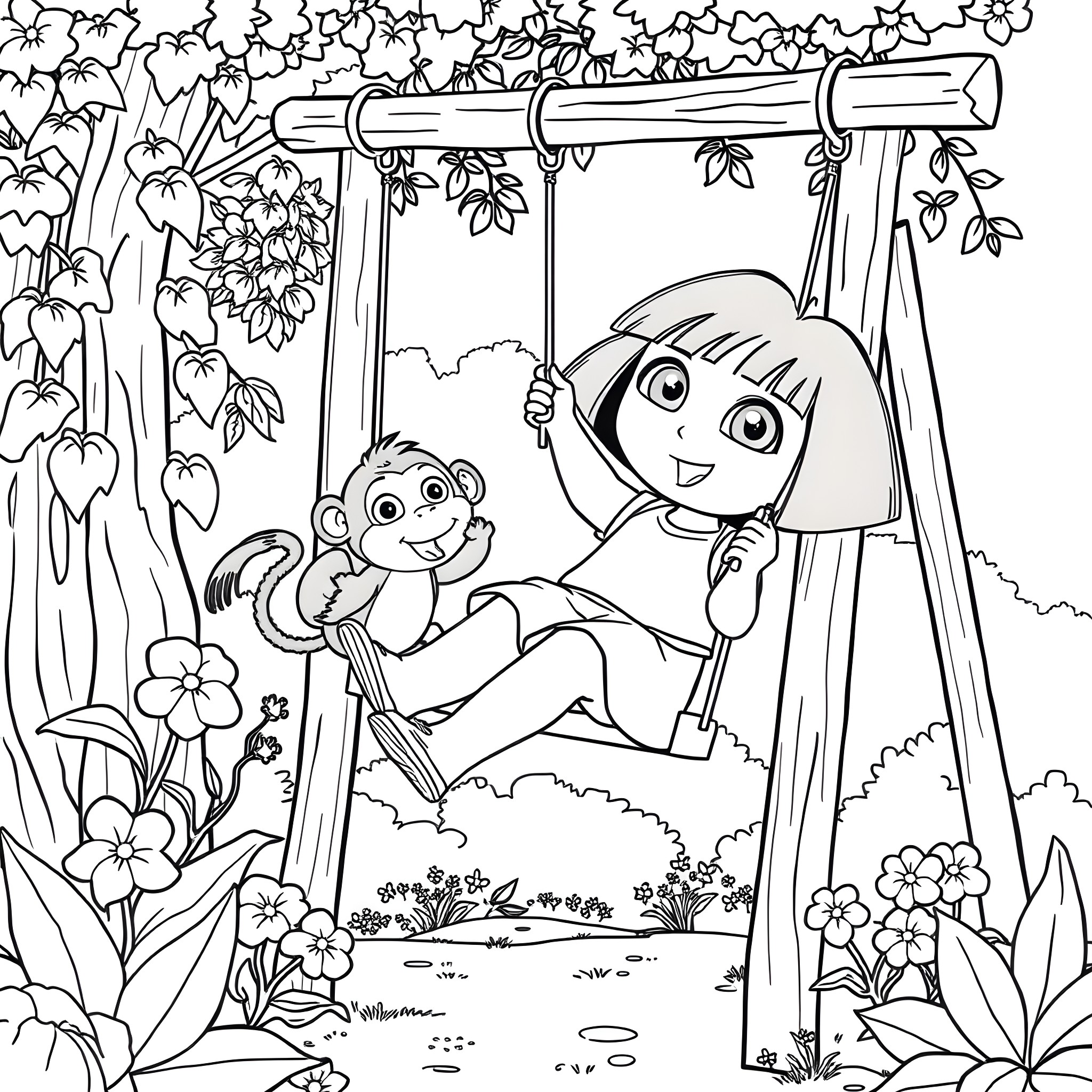 Dora exploring the nature with Boots the monkey Coloring Page (free black-and-white line drawing printable PDF for all, from beginners to advanced learners, including children, teens, adults, and seniors)