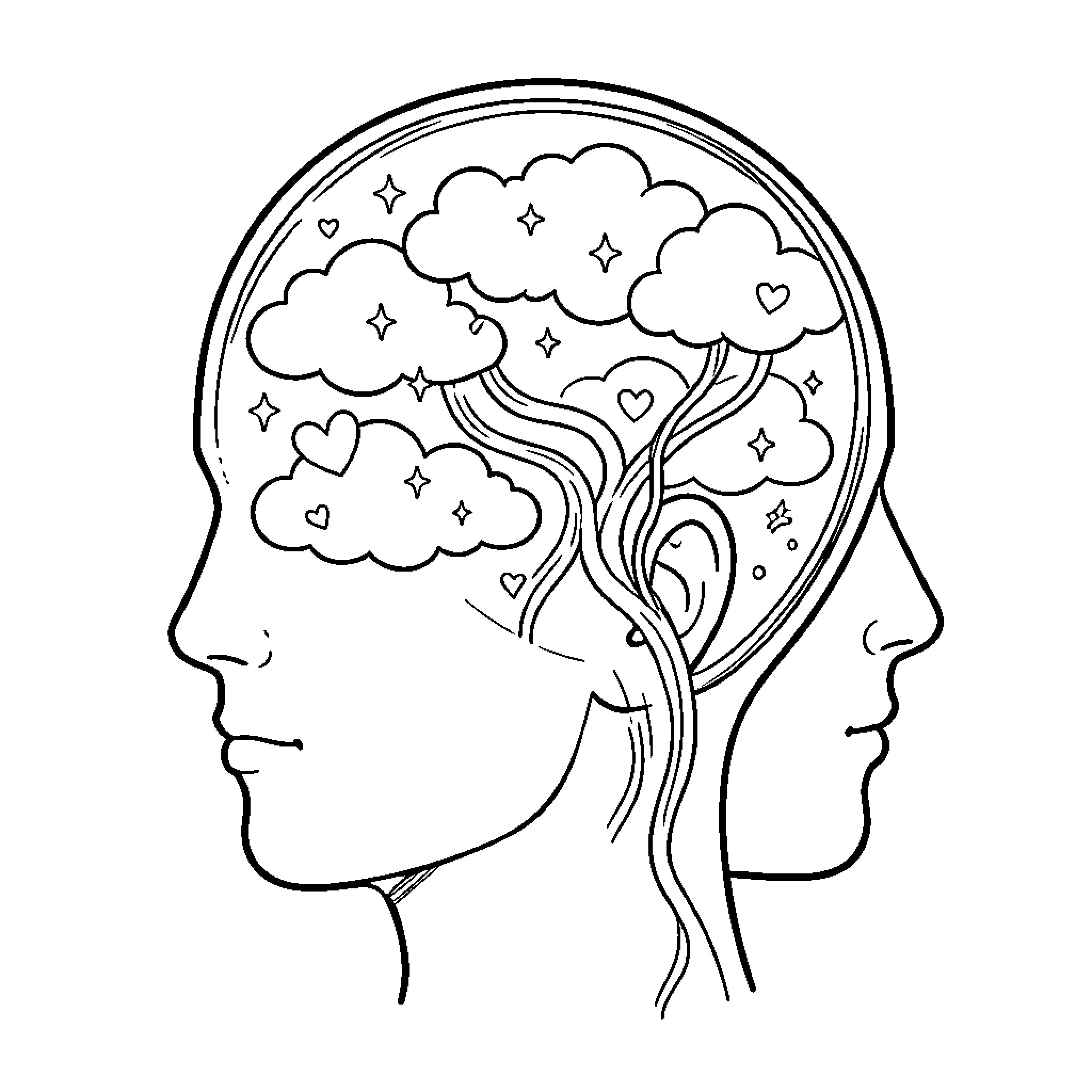 Human Head with Dreamlike Imagery Coloring Page (free black-and-white line drawing printable PDF for all, from beginners to advanced learners, including children, teens, adults, and seniors)