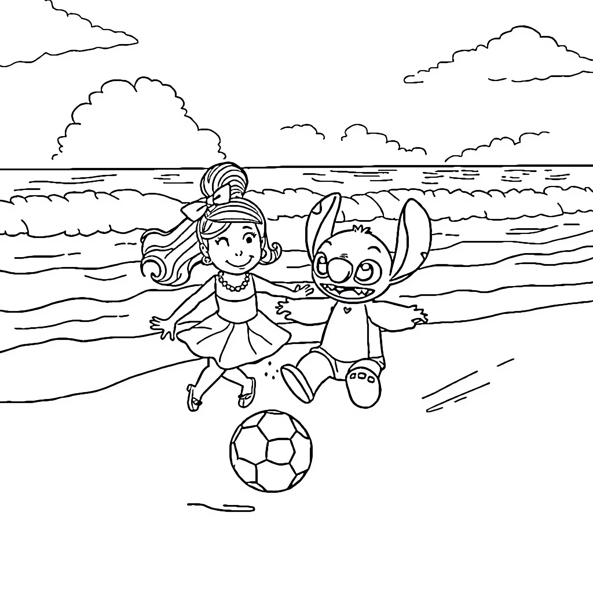 Lilou and Stitch playing on the beach Coloring Page (free black-and-white line drawing printable PDF for all, from beginners to advanced learners, including children, teens, adults, and seniors)