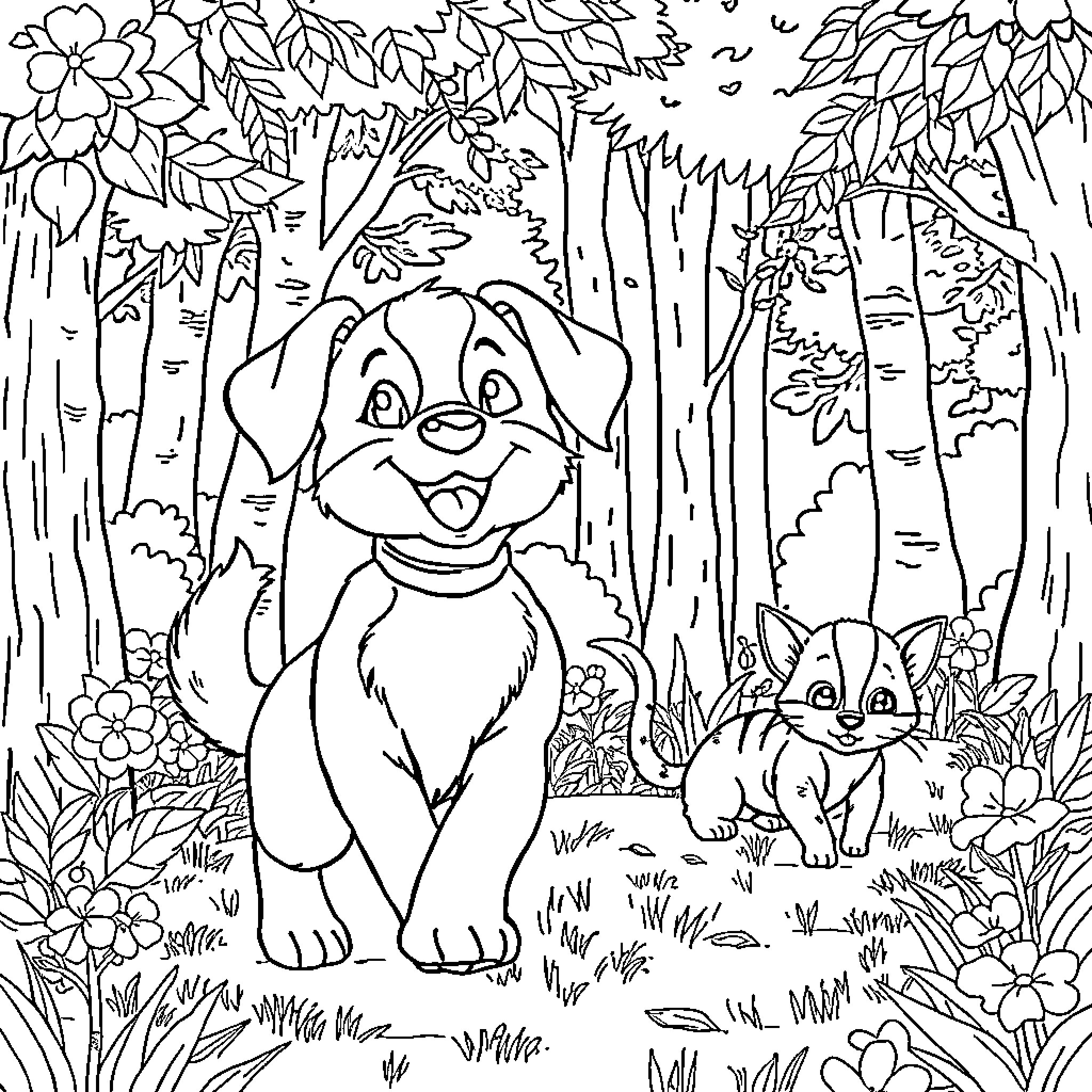 Dog and Friends in Lush Forest Coloring Page (free black-and-white line drawing printable PDF for all, from beginners to advanced learners, including children, teens, adults, and seniors)