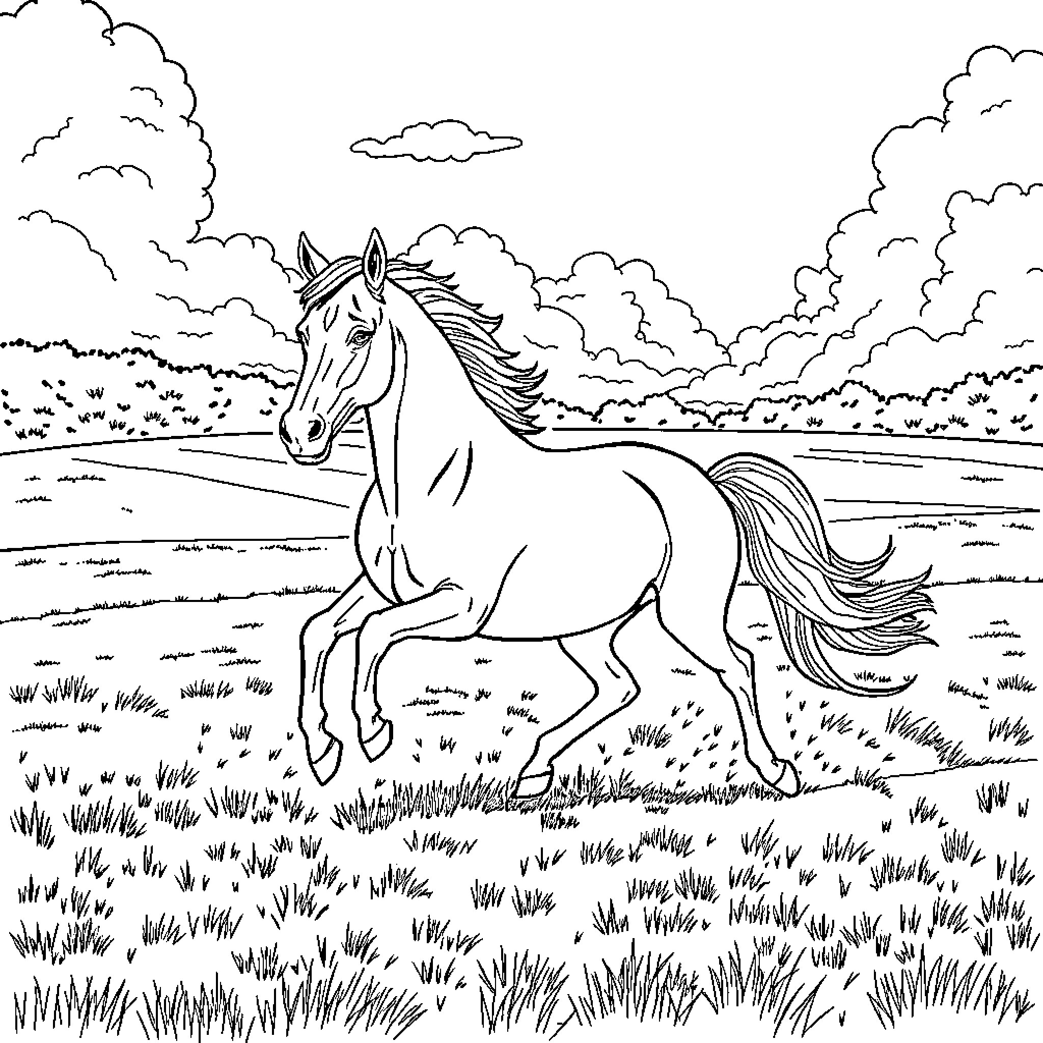 Horse galloping through the countryside Coloring Page (free black-and-white line drawing printable PDF for all, from beginners to advanced learners, including children, teens, adults, and seniors)