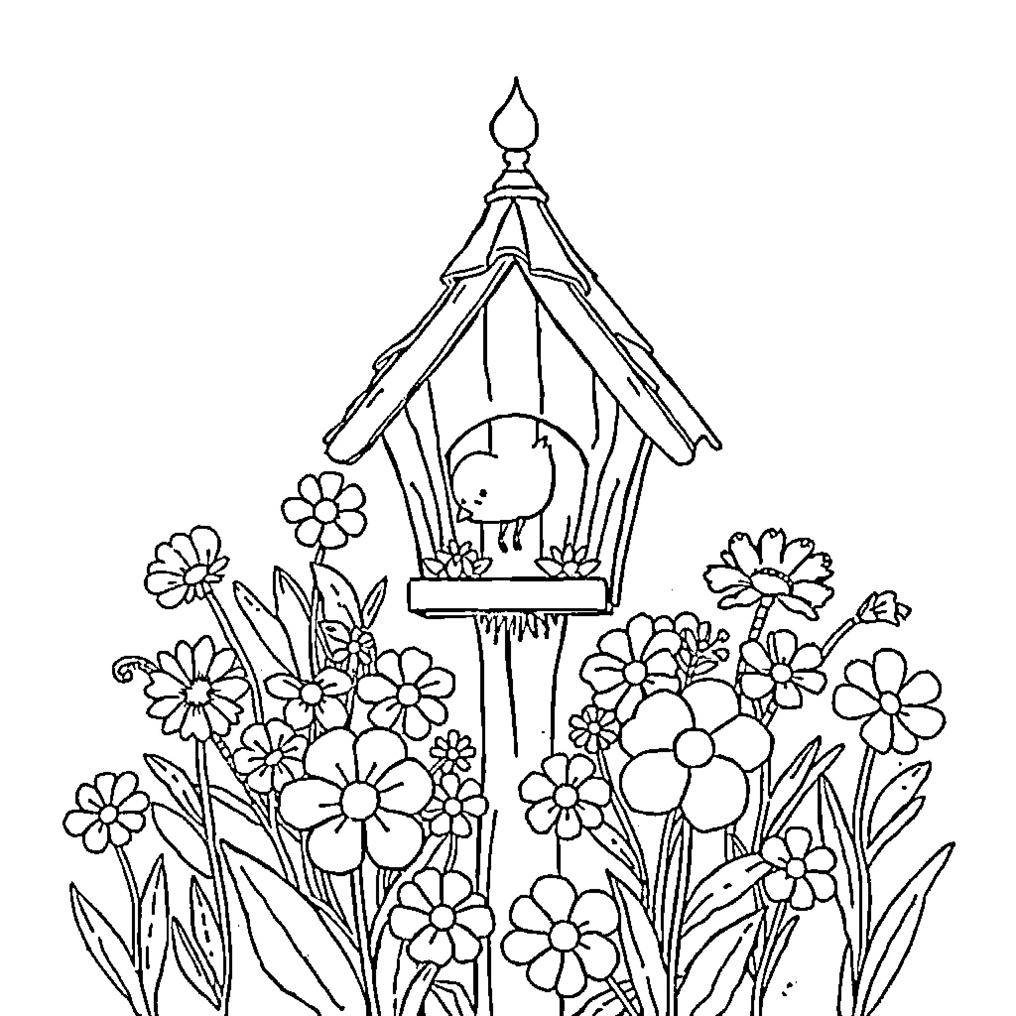 Birdhouse surrounded by blooming flowers Coloring Page (free black-and-white line drawing printable PDF for all, from beginners to advanced learners, including children, teens, adults, and seniors)