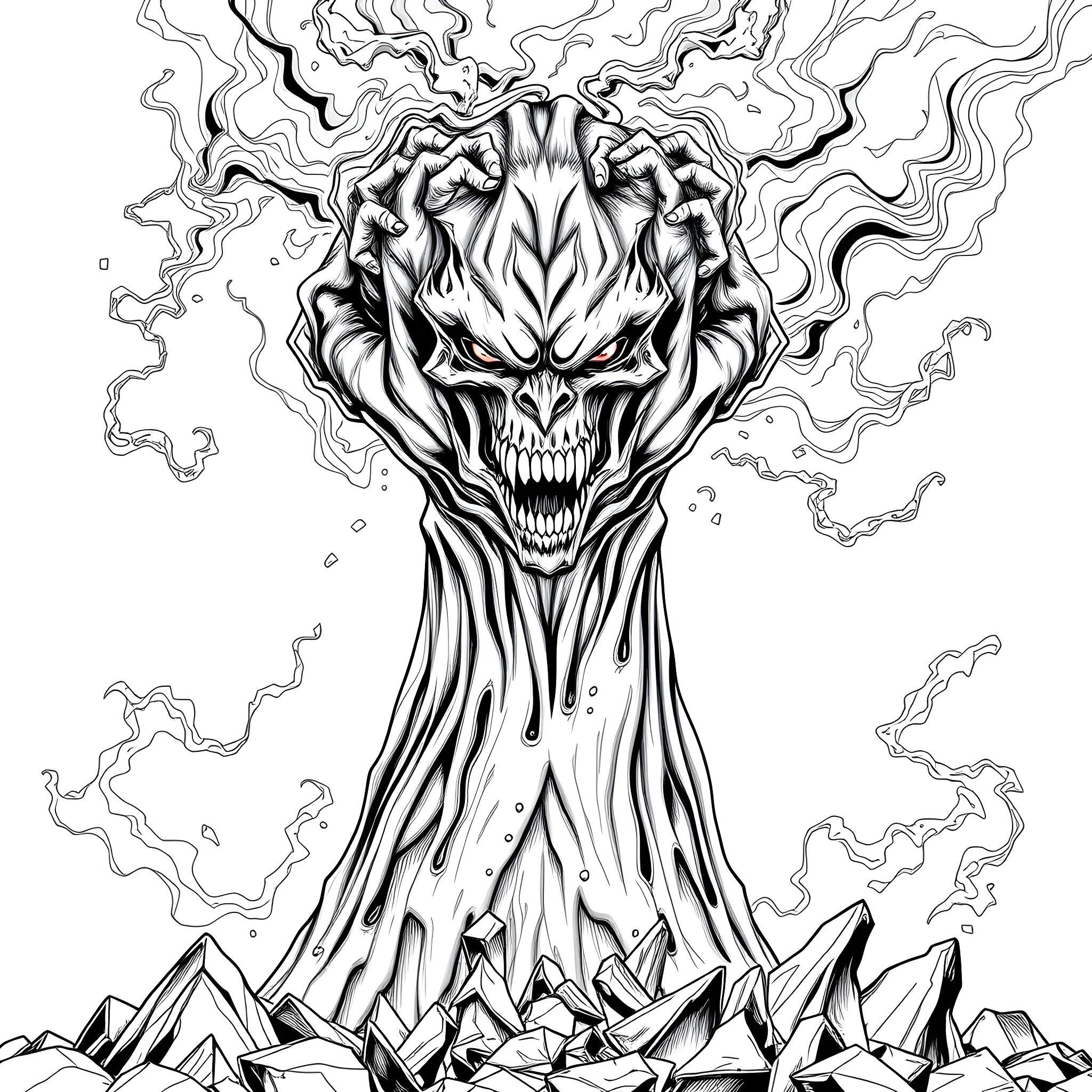 God Hand of Demonic Power Unleashing Chaotic Energy Coloring Page (free black-and-white line drawing printable PDF for all, from beginners to advanced learners, including children, teens, adults, and seniors)
