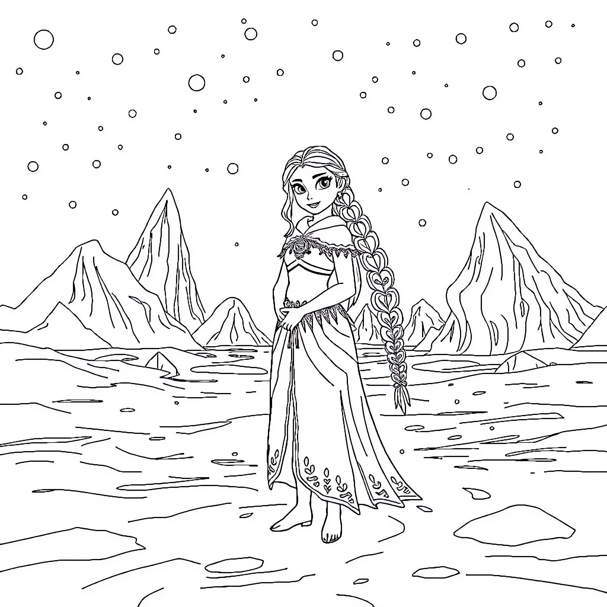 Vaiana exploring the mountains and the sea Coloring Page (free black-and-white line drawing printable PDF for all, from beginners to advanced learners, including children, teens, adults, and seniors)