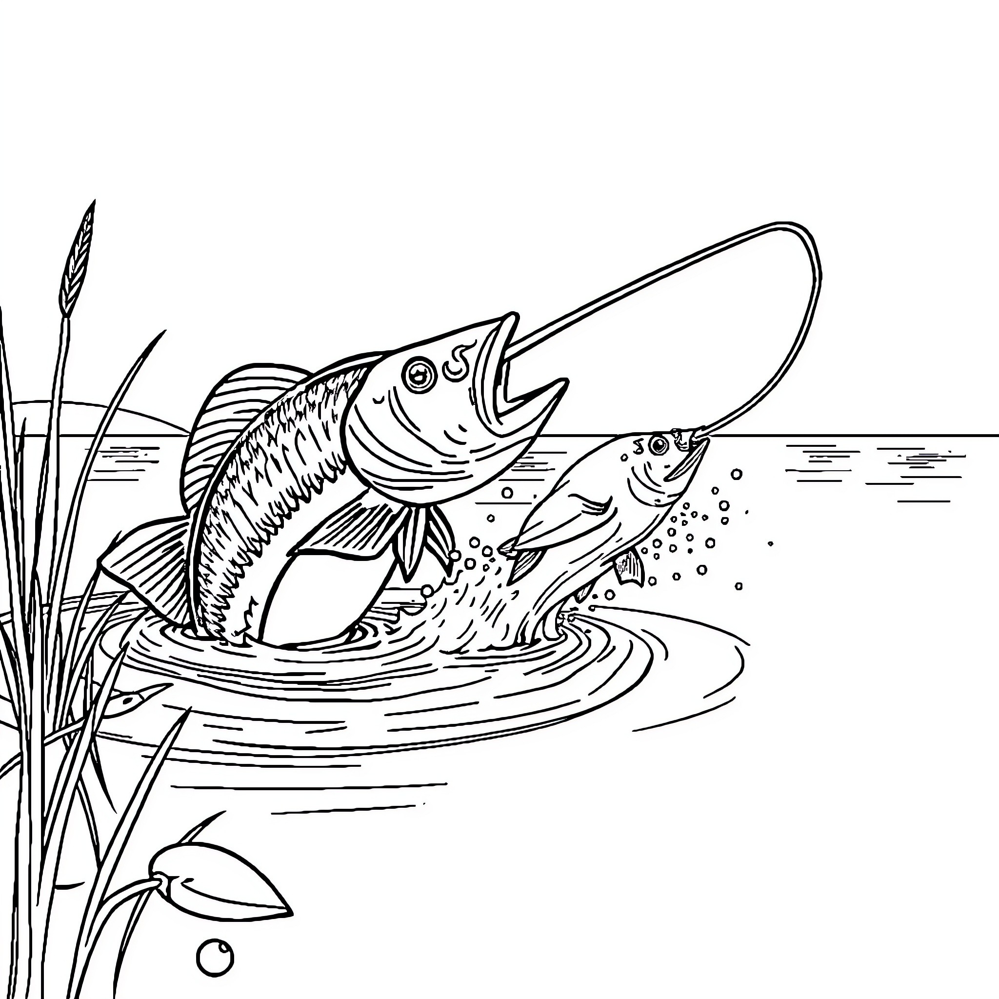 Pescador catching fish in the river Coloring Page (free black-and-white line drawing printable PDF for all, from beginners to advanced learners, including children, teens, adults, and seniors)
