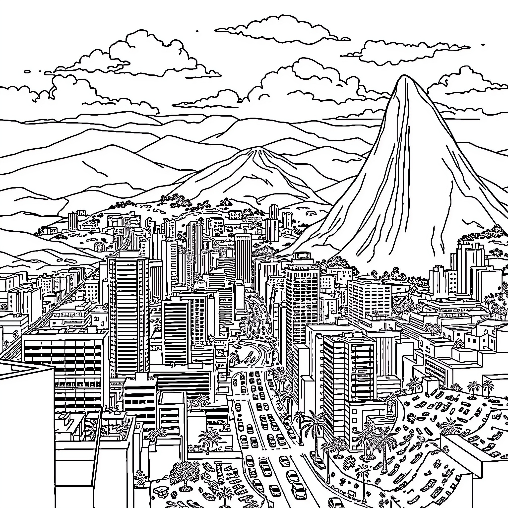 Haiti cityscape with mountainous landscape Coloring Page (free black-and-white line drawing printable PDF for all, from beginners to advanced learners, including children, teens, adults, and seniors)