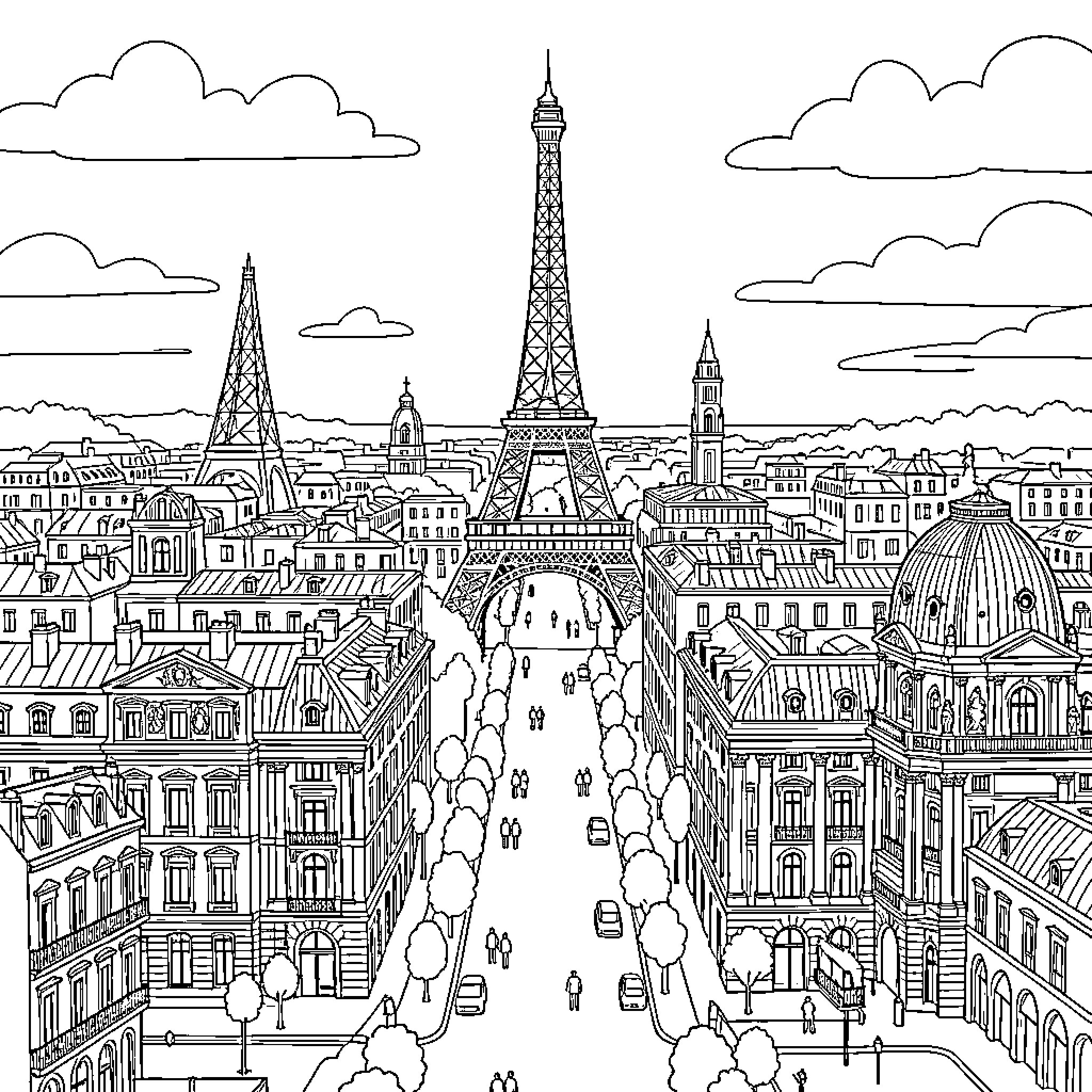 Paris cityscape featuring the Eiffel Tower and urban streets Coloring Page (free black-and-white line drawing printable PDF for all, from beginners to advanced learners, including children, teens, adults, and seniors)
